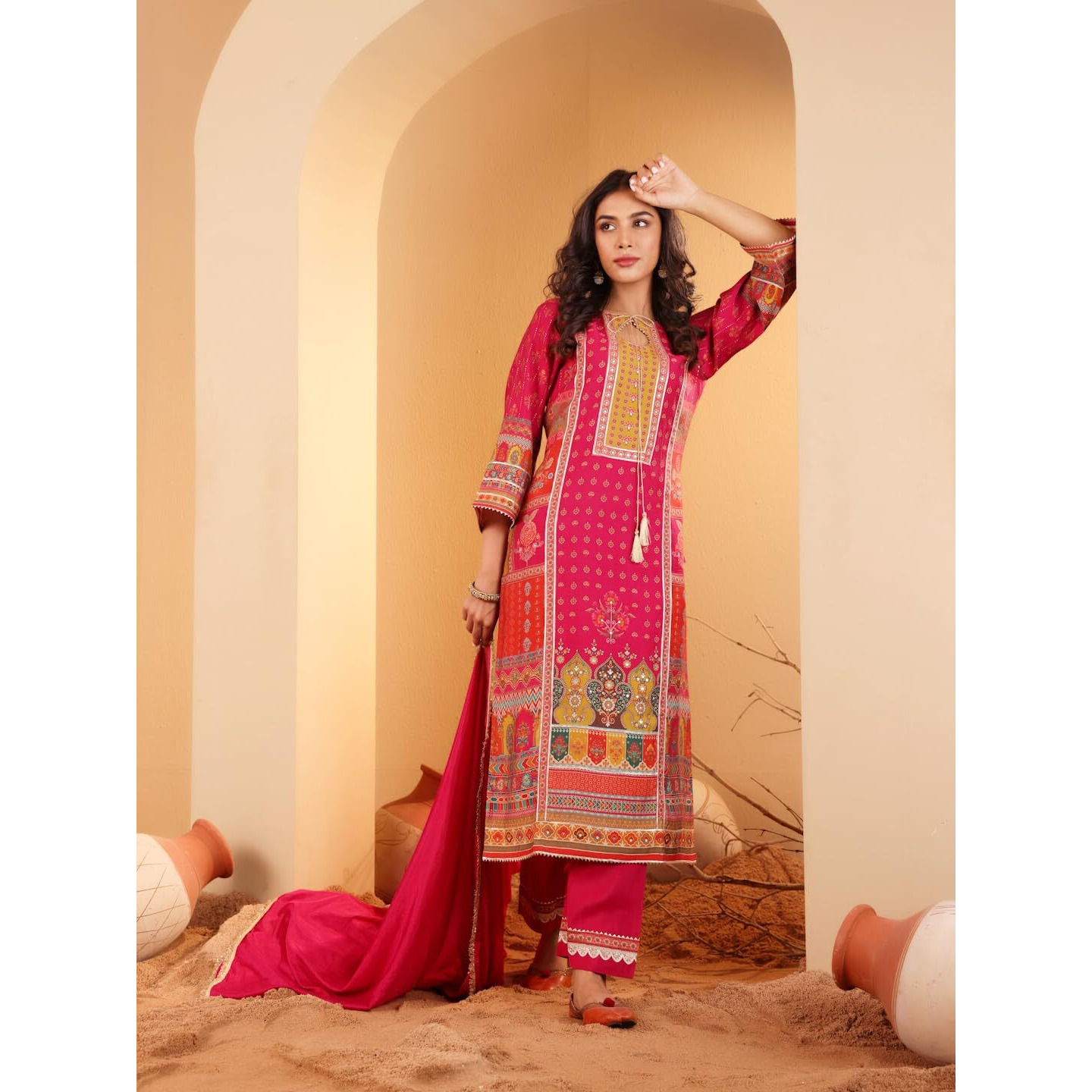 Varanga Women Fuchsia Pink Ethnic Printed Straight Kurta With Embroidered Trouser  Stylish Ethnic Set