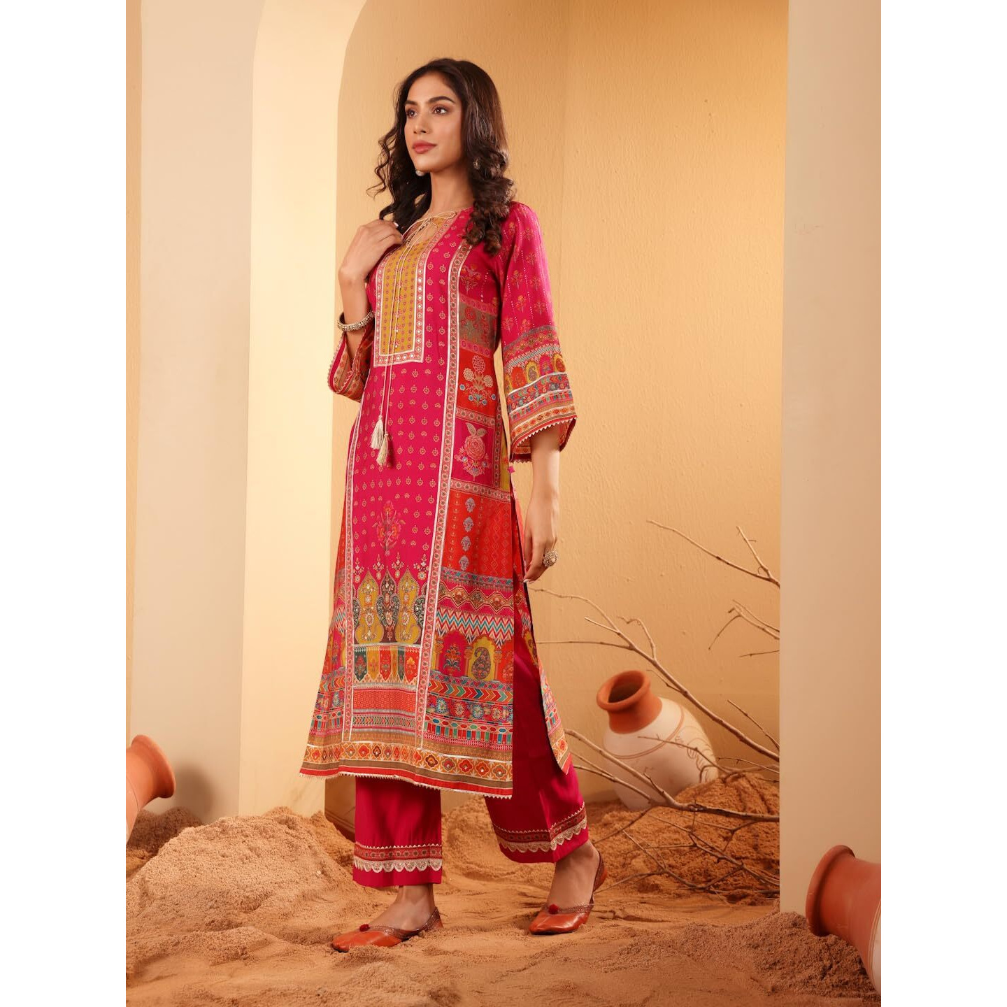 Varanga Women Fuchsia Pink Ethnic Printed Straight Kurta With Embroidered Trouser  Stylish Ethnic Set