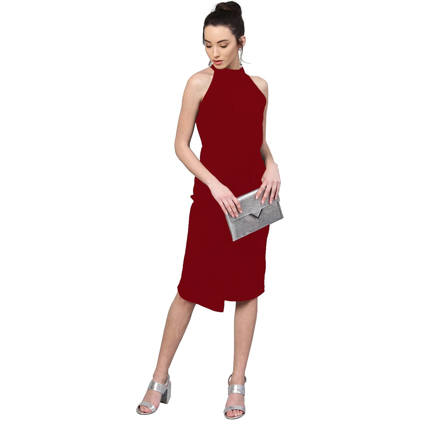 Shasmi Polyester Blend Bodycon Knee-Length Women's Elegant Halter Neck Pleated Flounce Sleeveless Midi Dress (Dresses For Tops_Maroon_Xl)