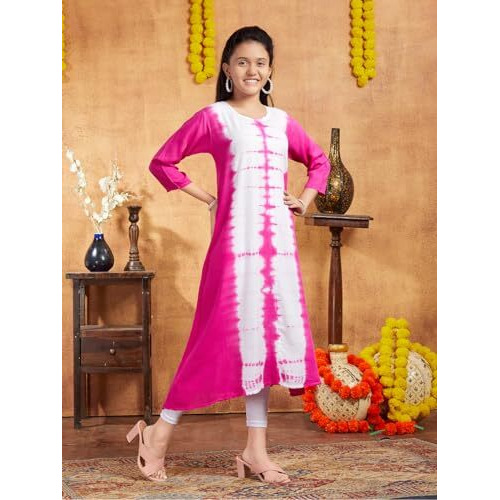 Aarika Girls Casual Wear Pink Colour Tie Dye Print Rayon Kurti (9-16 Years)