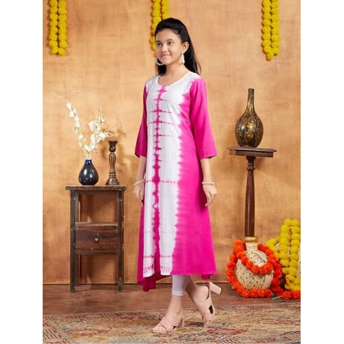 Aarika Girls Casual Wear Pink Colour Tie Dye Print Rayon Kurti (9-16 Years)
