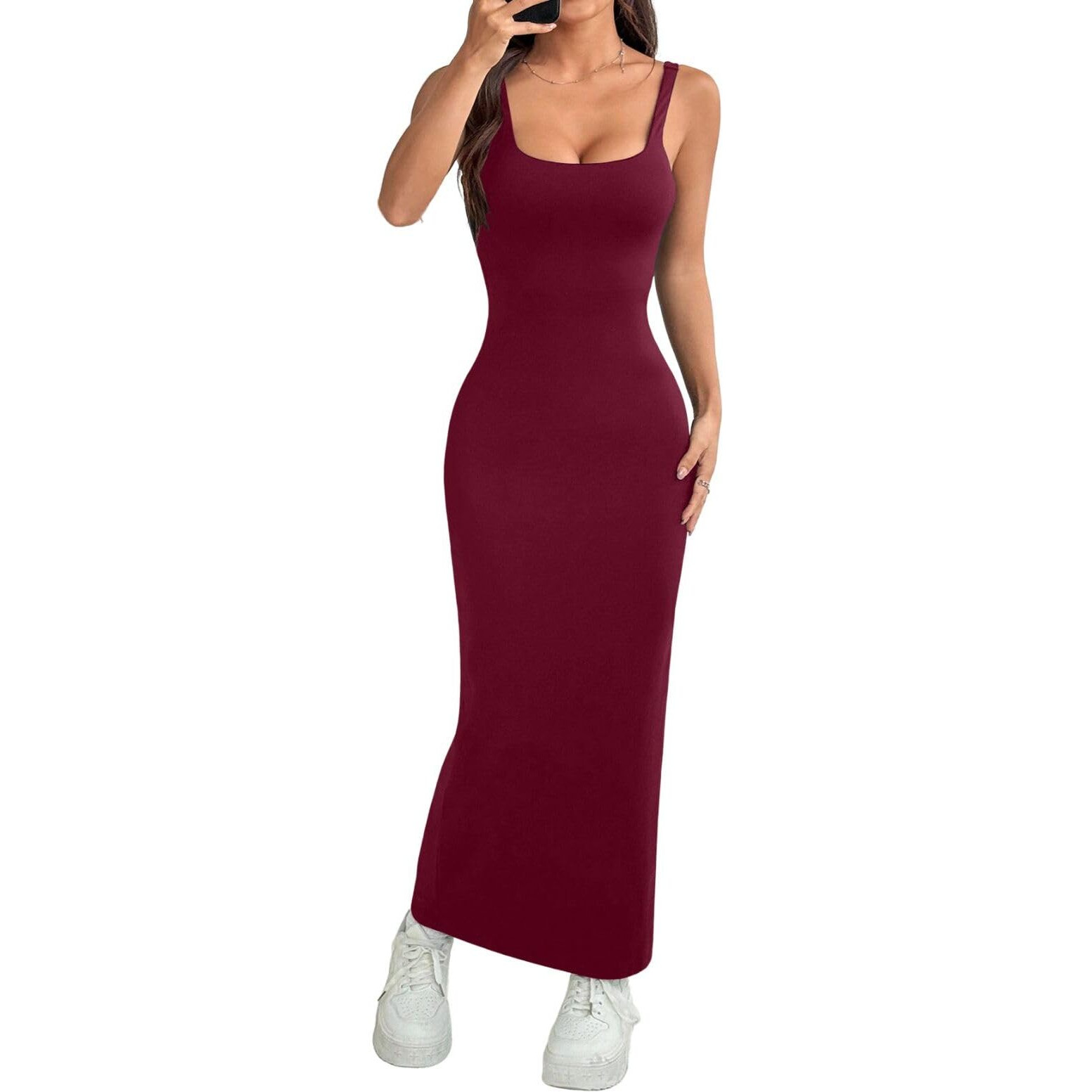 Greciilooks Women One Piece Dress Lycra Blend Western Ankle Length Party Dress (Gl-W.Dress-Wd1287_Wine, 2Xl