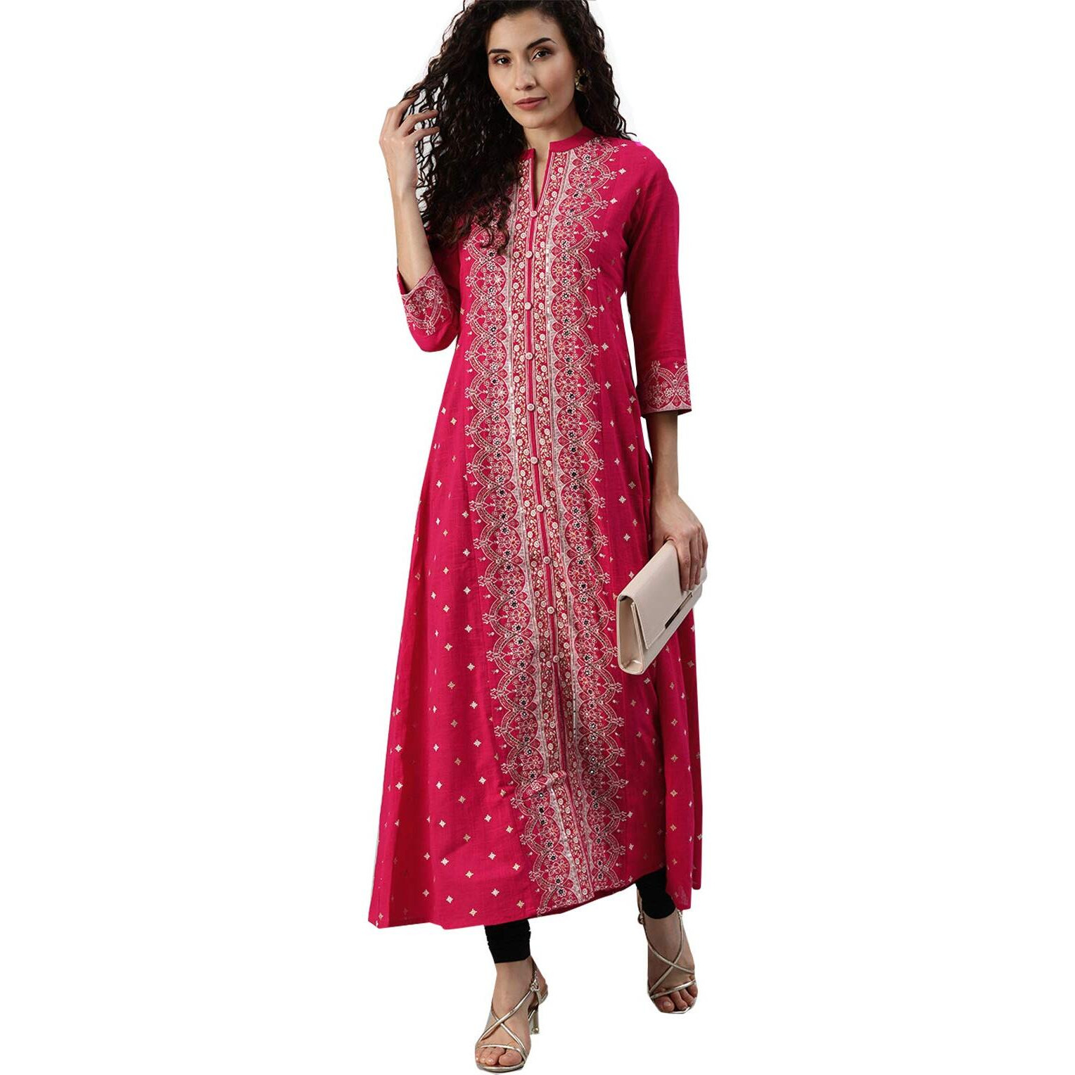 Ishin Women's Cotton Pink Embellished Anarkali Kurta