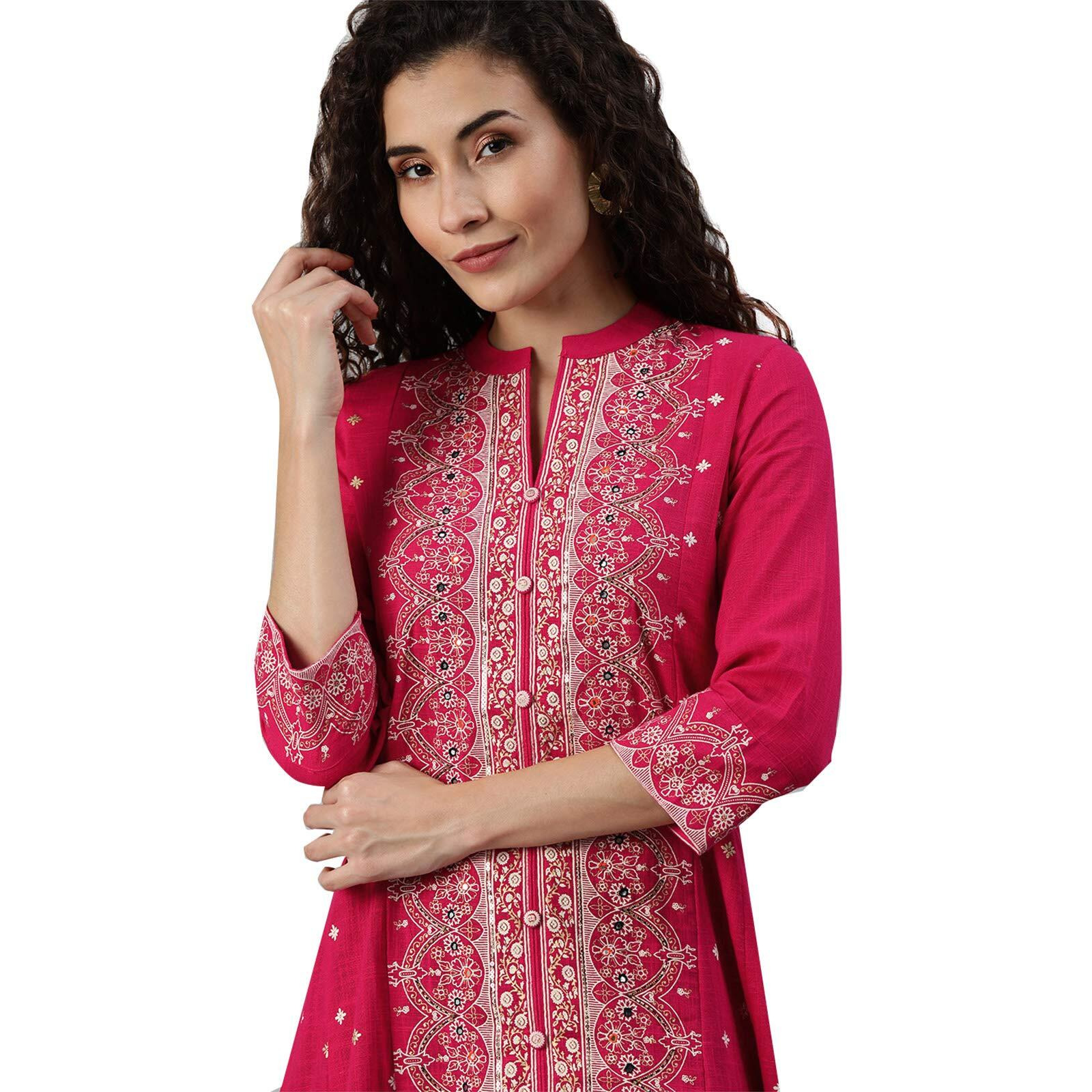 Ishin Women's Cotton Pink Embellished Anarkali Kurta