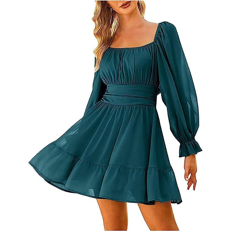 Patlani Western Dresses For Women | Solid Georgette Smock Off Shoulder- Dress | Midi Western Dress For Women.(Off-Teal-L)
