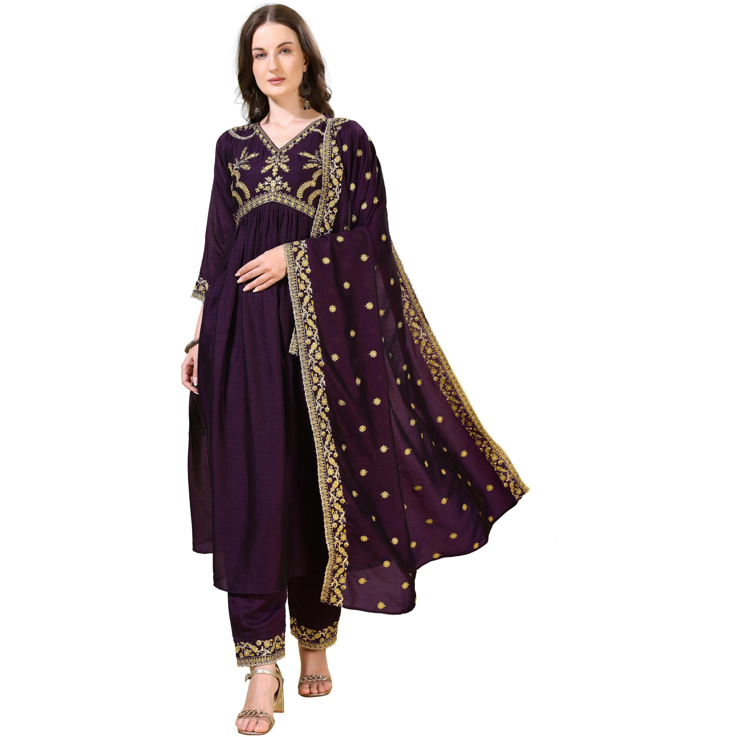 Pratham Blue Women's Silk Embroidered Anarkali Kurta Palazzos With Dupatta |Kurta Set For Women |Women Kurta |Women Embroidered Kurta Sets Kurtis (Bkp-1009-L_Purple)