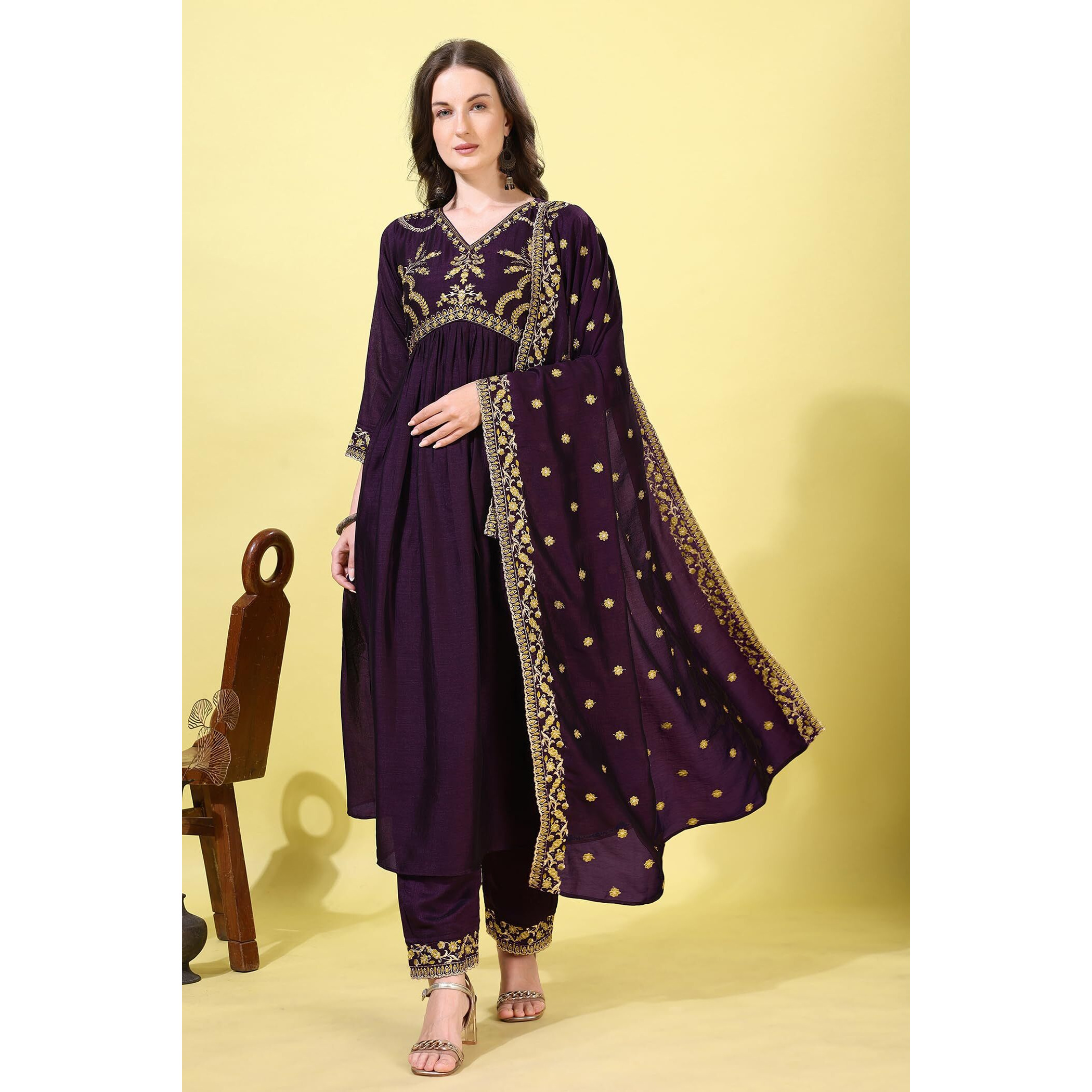 Pratham Blue Women's Silk Embroidered Anarkali Kurta Palazzos With Dupatta |Kurta Set For Women |Women Kurta |Women Embroidered Kurta Sets Kurtis (Bkp-1009-L_Purple)