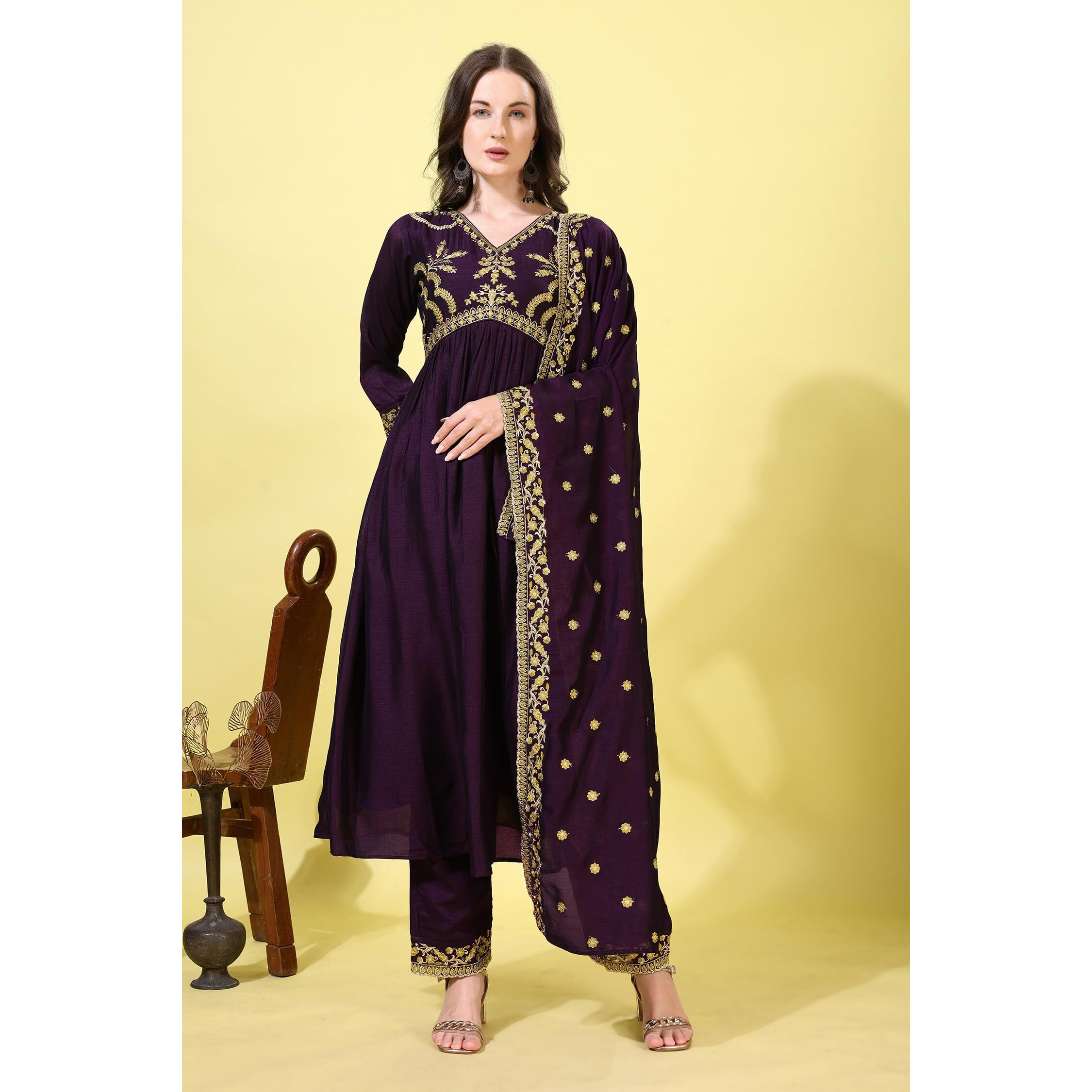 Pratham Blue Women's Silk Embroidered Anarkali Kurta Palazzos With Dupatta |Kurta Set For Women |Women Kurta |Women Embroidered Kurta Sets Kurtis (Bkp-1009-L_Purple)