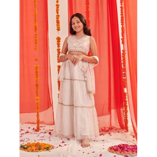 Pspeaches Girl's Net 1 Lehenga, 1 Choli, 1 Dupatta (L-Whitefoil-2- White_2-3Y)