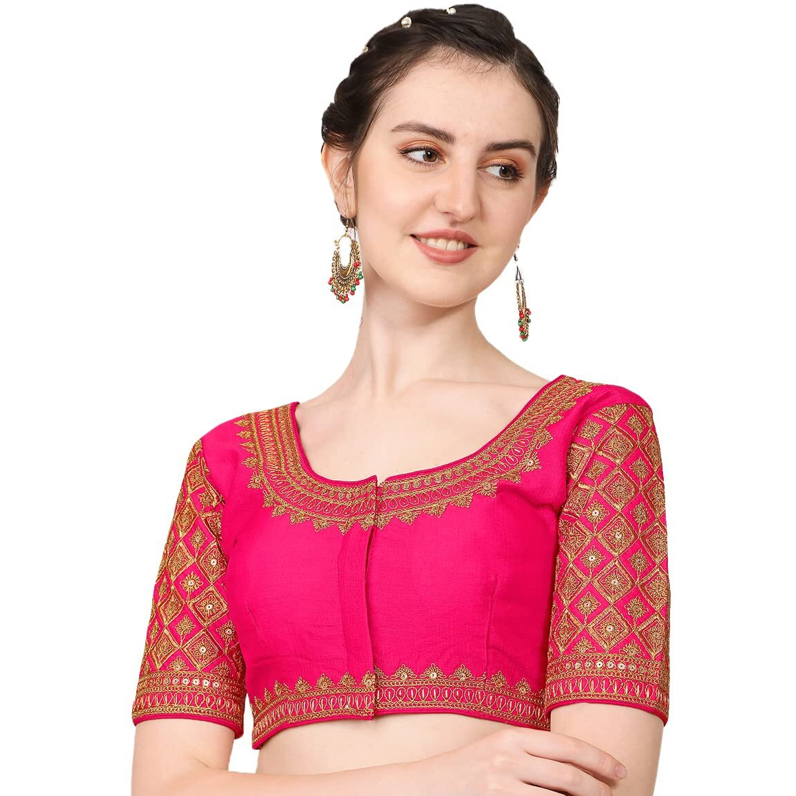 Pujia Mils Women's Silk Flower Embroidery Half Sleeve Blouse (Simba 2_Pink_38)