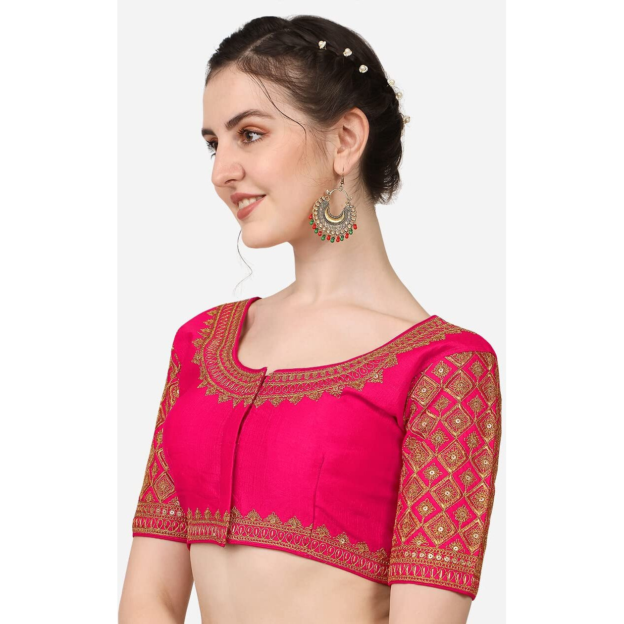 Pujia Mils Women's Silk Flower Embroidery Half Sleeve Blouse (Simba 2_Pink_38)