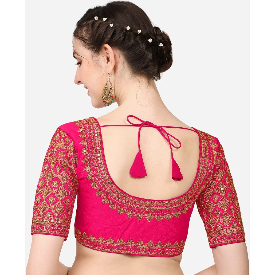Pujia Mils Women's Silk Flower Embroidery Half Sleeve Blouse (Simba 2_Pink_38)
