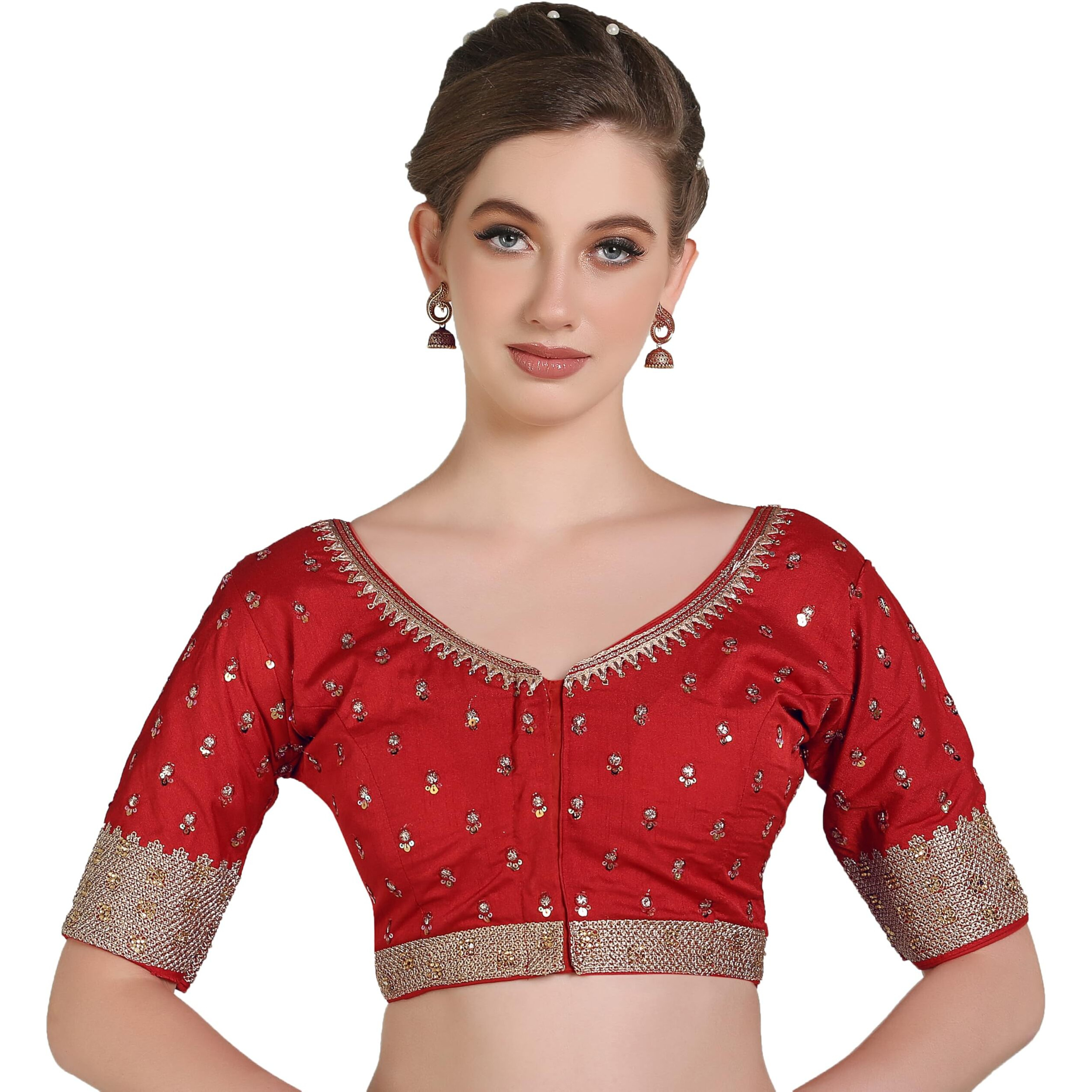 Pujia Mills Women Indian Ethnic Wear Designer Golden Codding With Zari Embroidered Diamond Work Round Neck Half Sleeve Readymade Aari Work Saree Blouse Bridal Readymade Blouse Red Lehenga Choli
