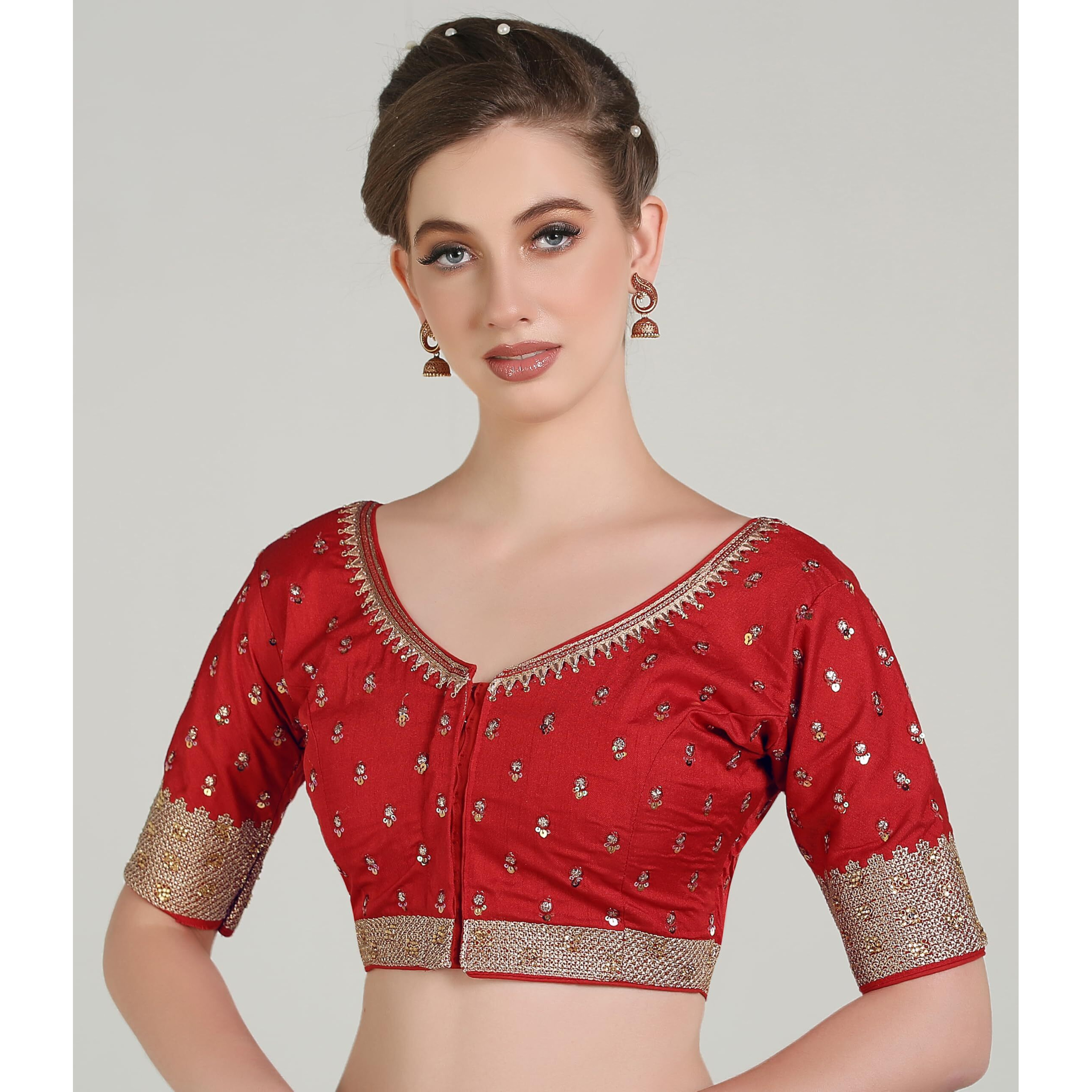 Pujia Mills Women Indian Ethnic Wear Designer Golden Codding With Zari Embroidered Diamond Work Round Neck Half Sleeve Readymade Aari Work Saree Blouse Bridal Readymade Blouse Red Lehenga Choli