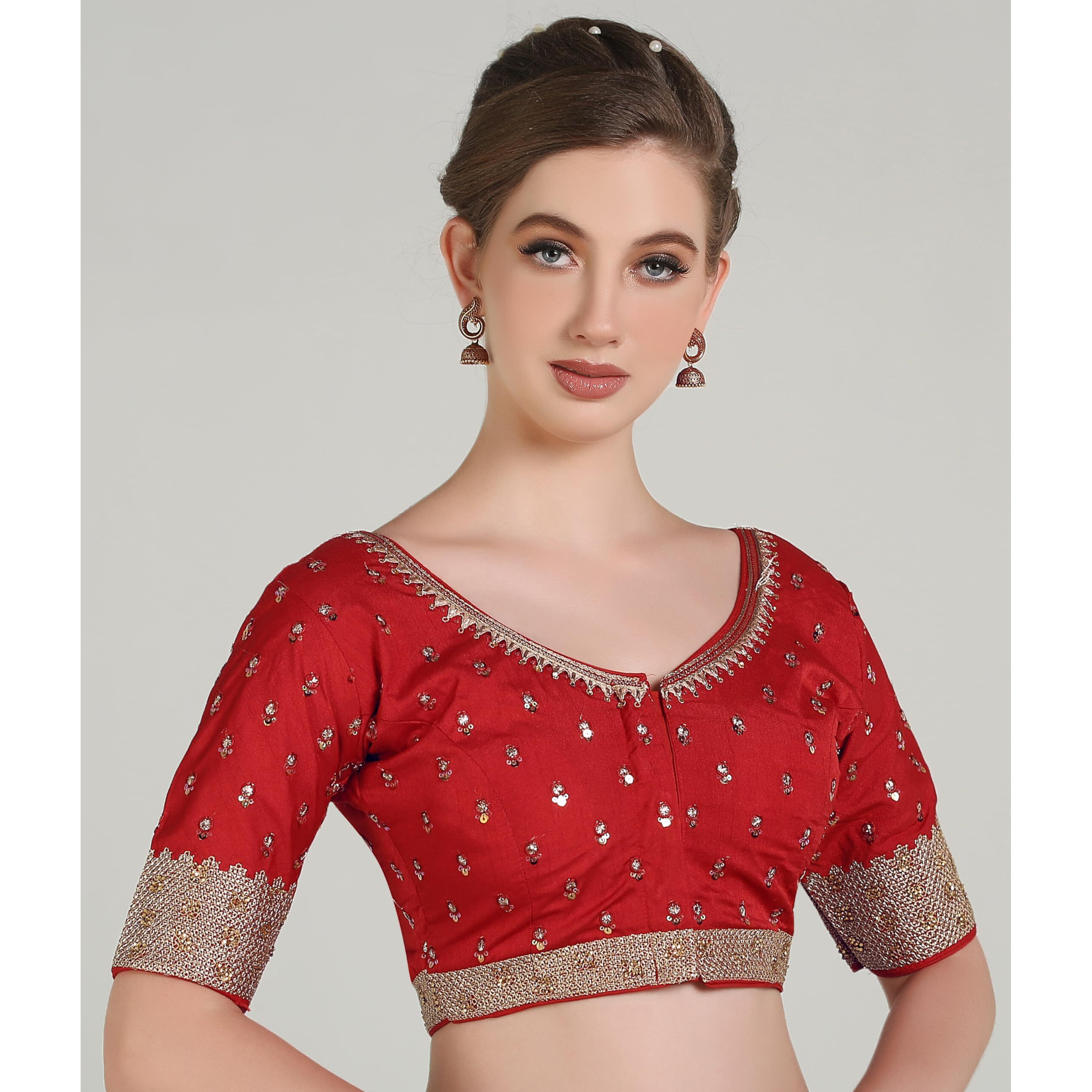 Pujia Mills Women Indian Ethnic Wear Designer Golden Codding With Zari Embroidered Diamond Work Round Neck Half Sleeve Readymade Aari Work Saree Blouse Bridal Readymade Blouse Red Lehenga Choli
