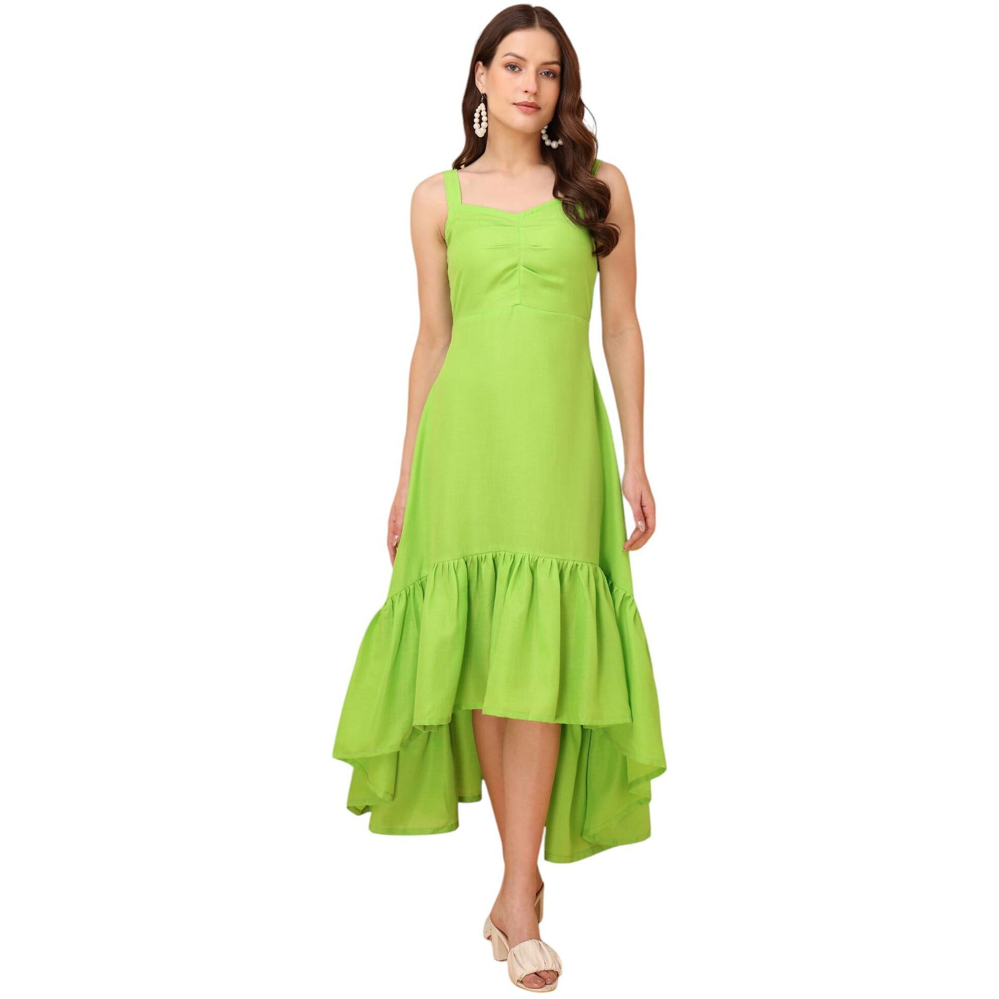 Purvaja Womens V-Neck Ruffle Cotton Blend Dress (Floe-054-M_Green)