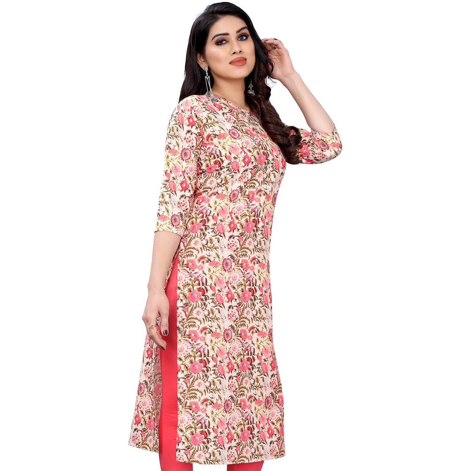 Sanisa Women's Crepe Regular Fit Kurta (366Kn106- Peach_Xl)