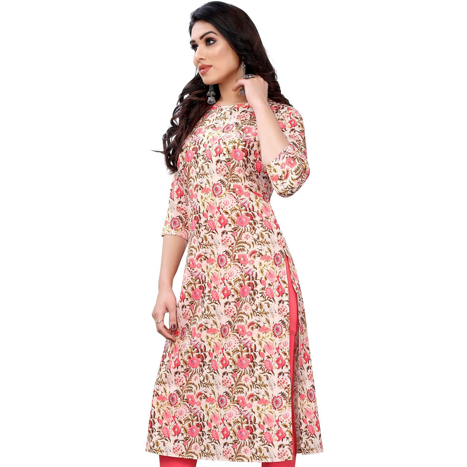 Sanisa Women's Crepe Regular Fit Kurta (366Kn106- Peach_Xl)