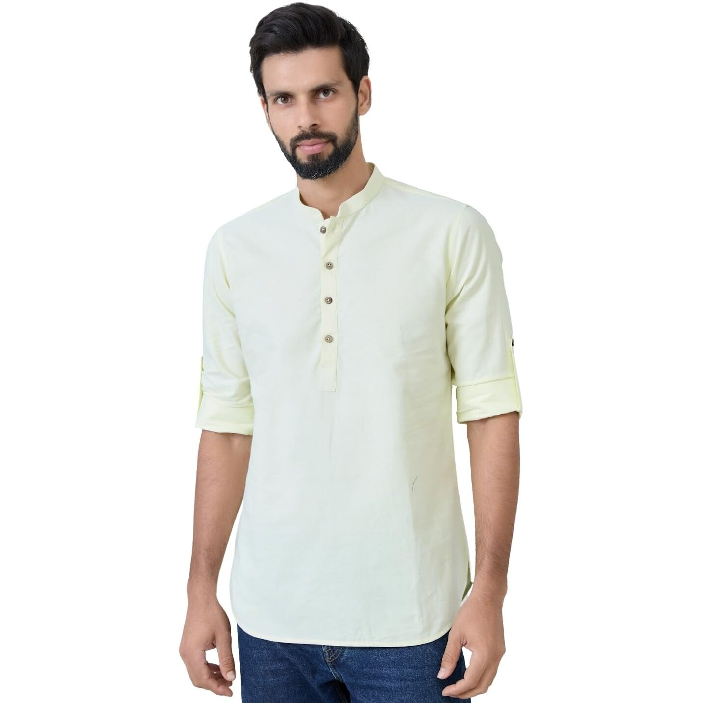 See Designs Men's Roll-Up Sleeve Mandarin Collar Lime Solid Cotton Short Kurta - Sdkt2987M