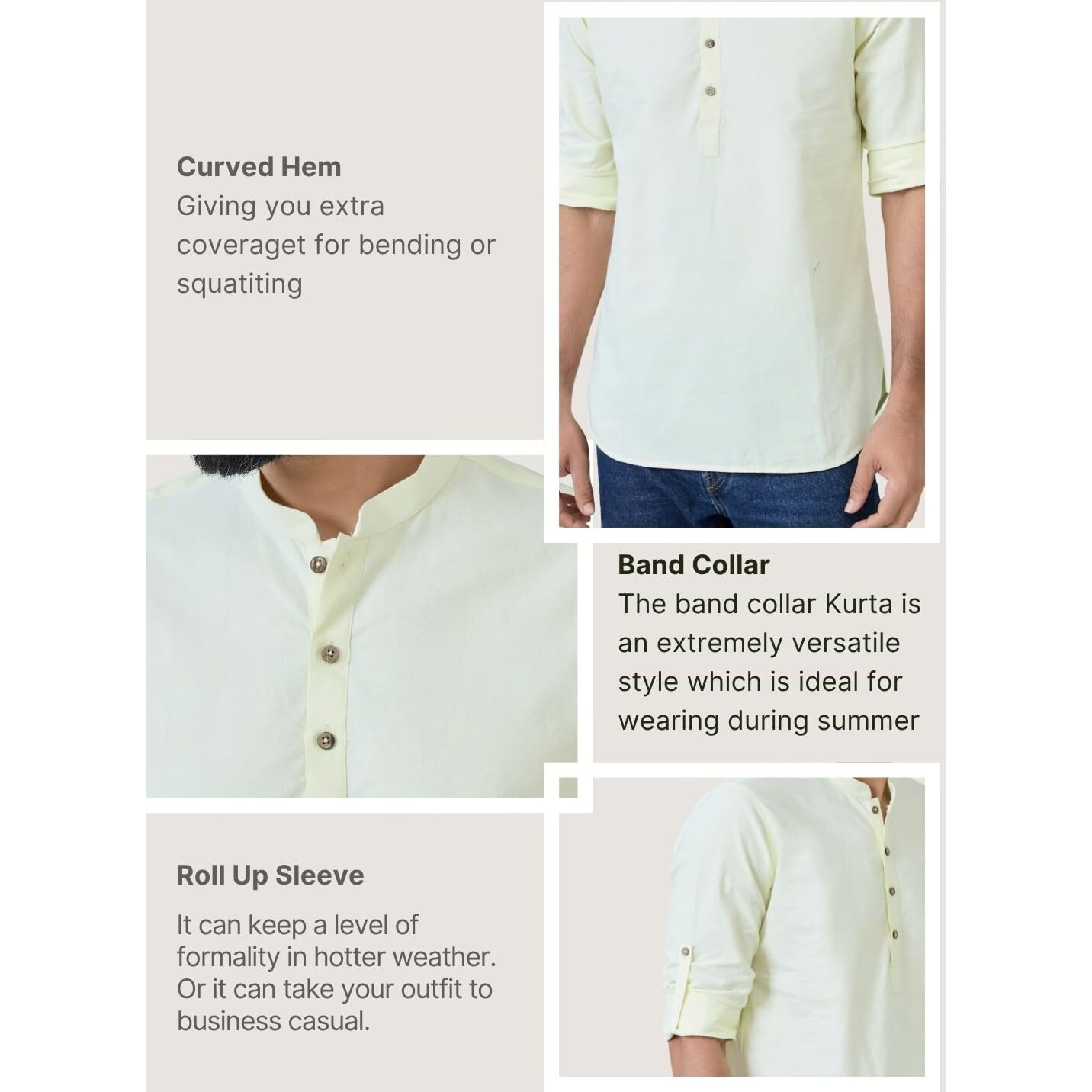 See Designs Men's Roll-Up Sleeve Mandarin Collar Lime Solid Cotton Short Kurta - Sdkt2987M