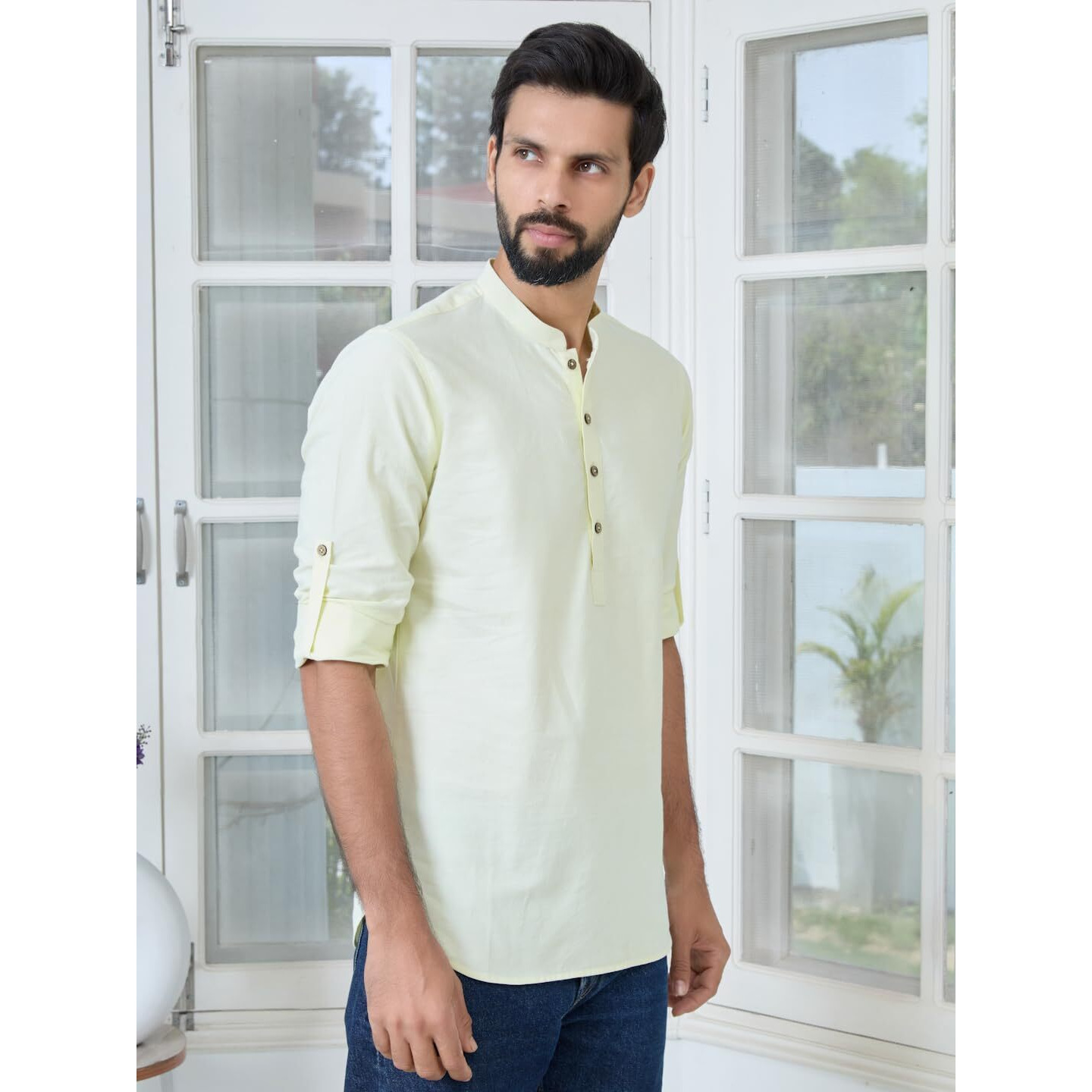 See Designs Men's Roll-Up Sleeve Mandarin Collar Lime Solid Cotton Short Kurta - Sdkt2987M