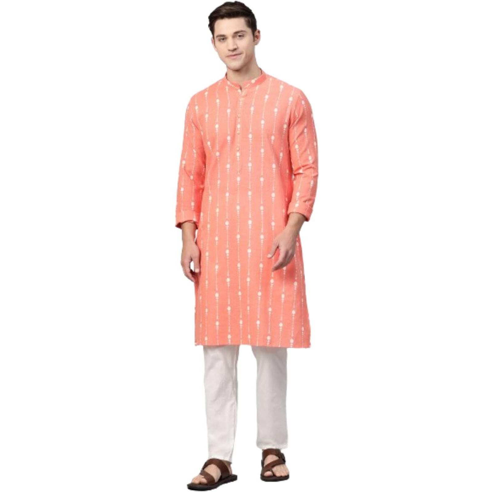 See Designs Men's Peach Printed Cotton Mandarin Collar Side Slit Kurta With Pyajama - Sd2Kt88801M