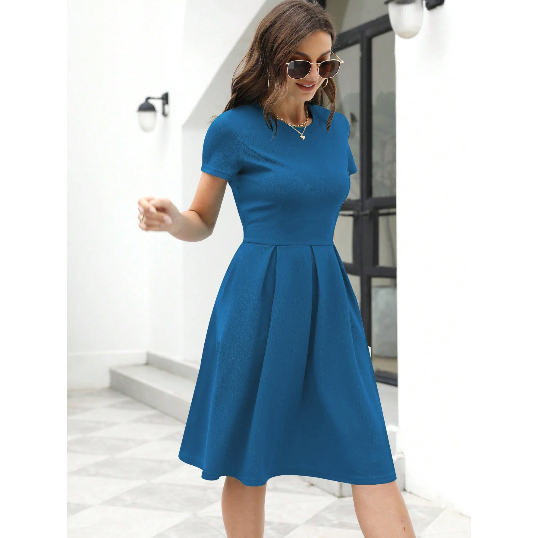 Shasmi Girl's & Women's Solid Cadet Blue Color Solid Slant Pocket Fold Pleated, Women Cocktail Party Vintage Style With Pockets Big Swing Simple Retro Dress (Dress 166 Falsa Blue-M)