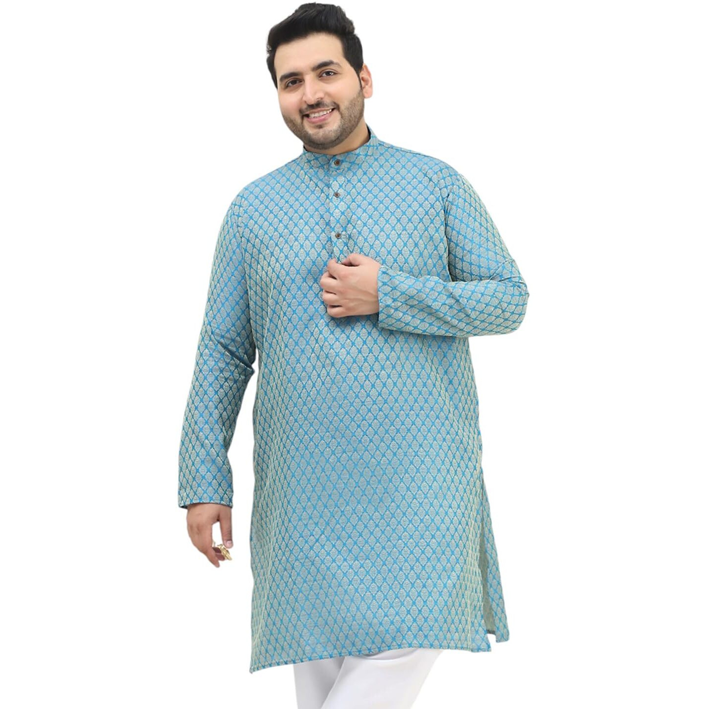 Sojanya Plus (Since 1958) Men's Silk Blend Peacock Blue Self Design Only Long Kurta