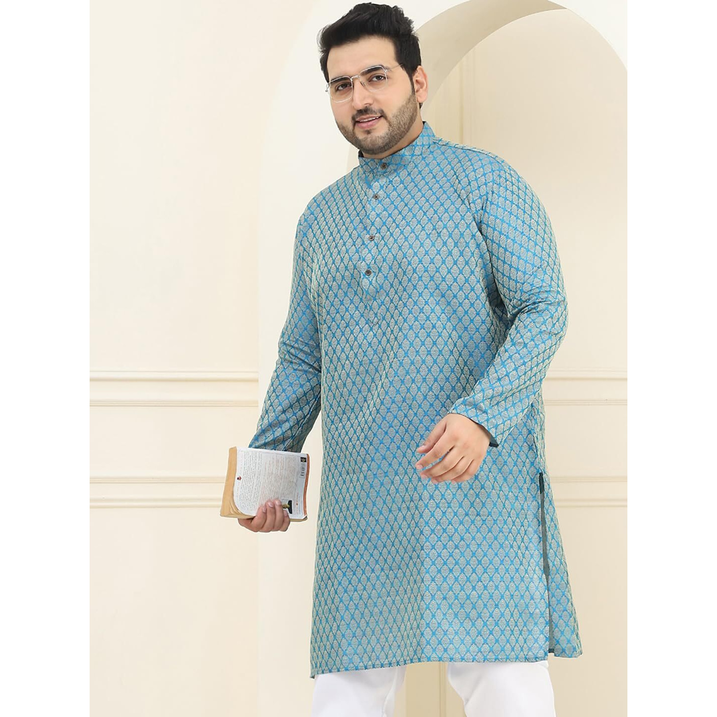 Sojanya Plus (Since 1958) Men's Silk Blend Peacock Blue Self Design Only Long Kurta