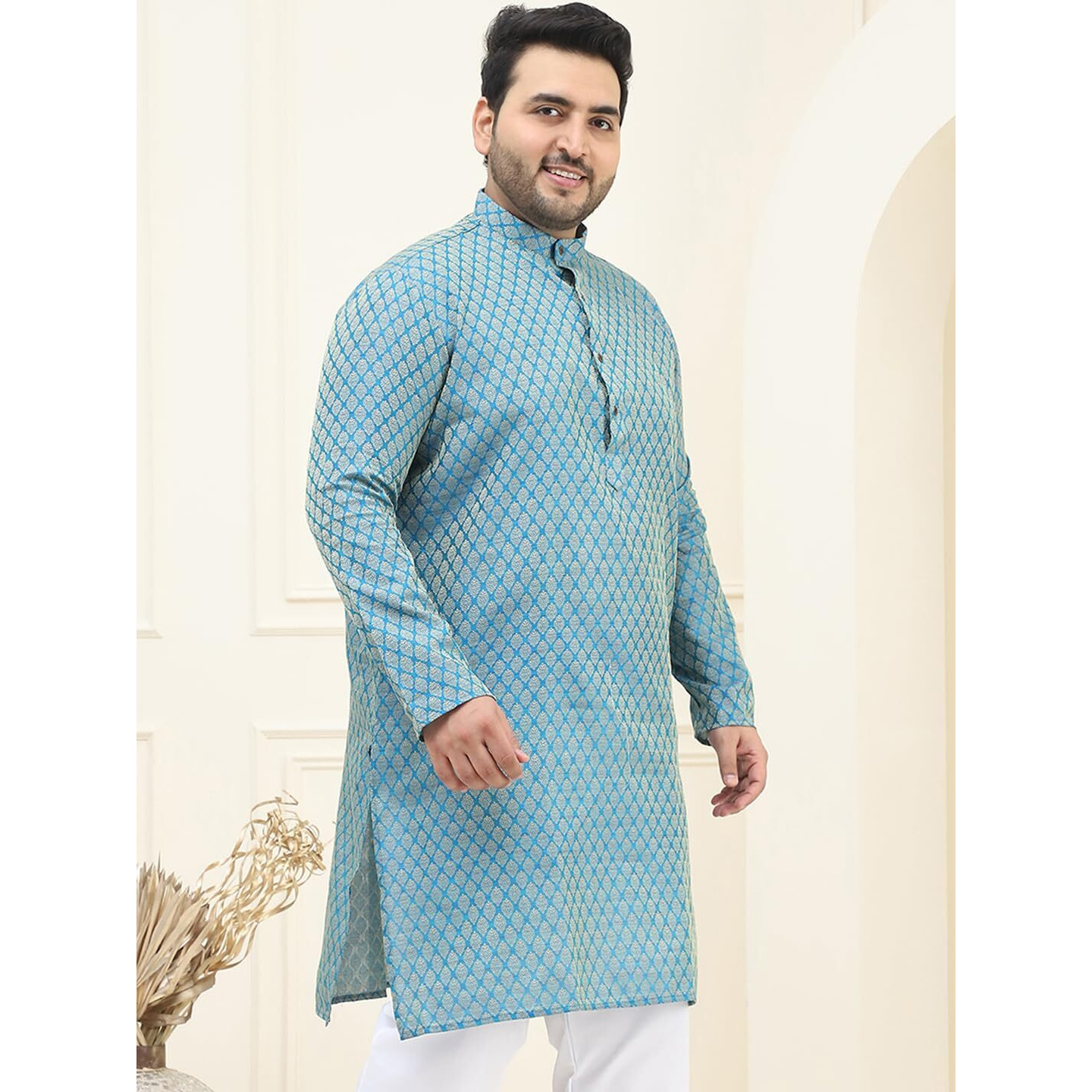 Sojanya Plus (Since 1958) Men's Silk Blend Peacock Blue Self Design Only Long Kurta
