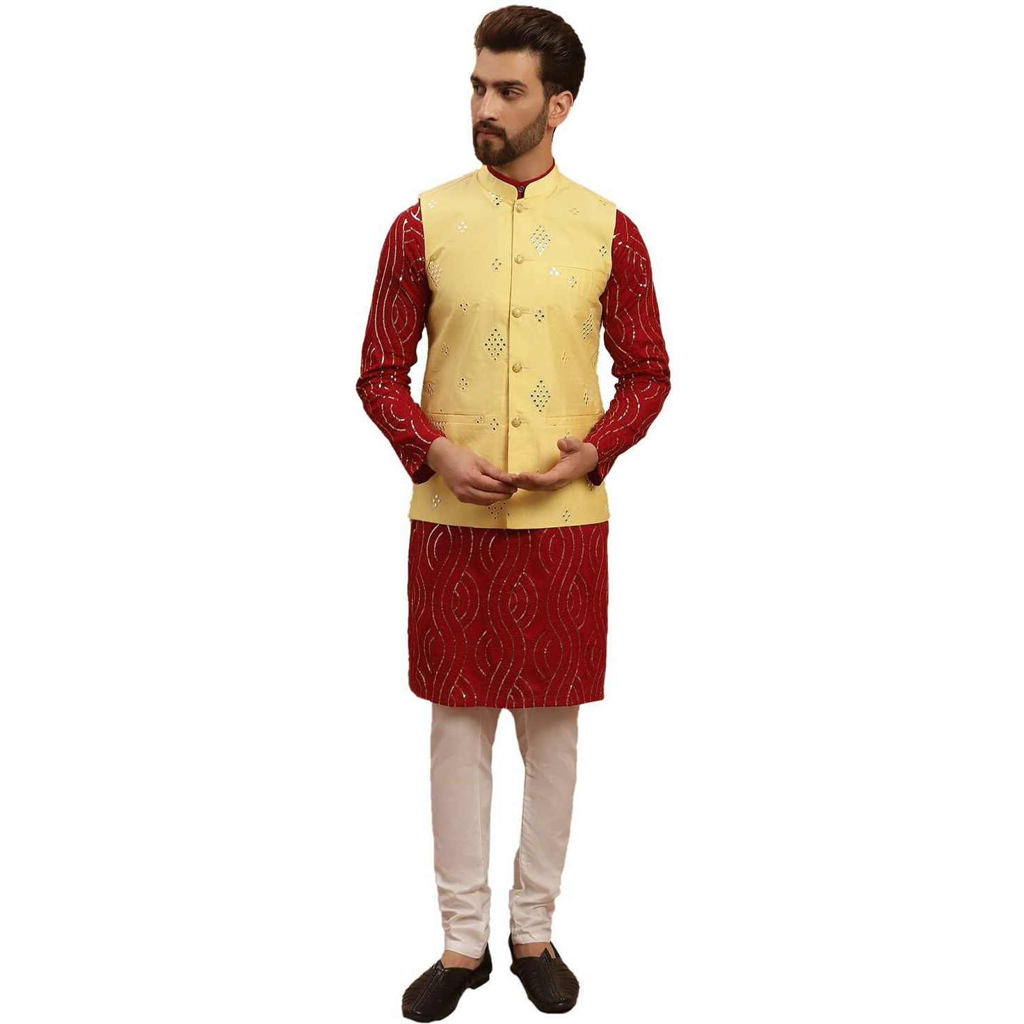 Sojanya (Since 1958 Men's Pure Cotton Maroon Kurta And White Pyjama With Yellow Silk Nehru Jacket