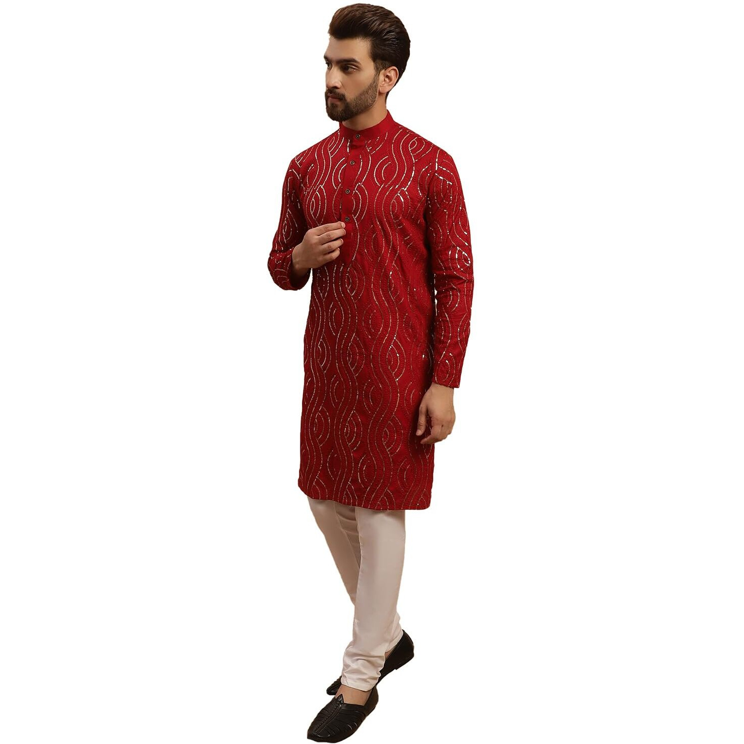 Sojanya (Since 1958 Men's Pure Cotton Maroon Kurta And White Pyjama With Yellow Silk Nehru Jacket