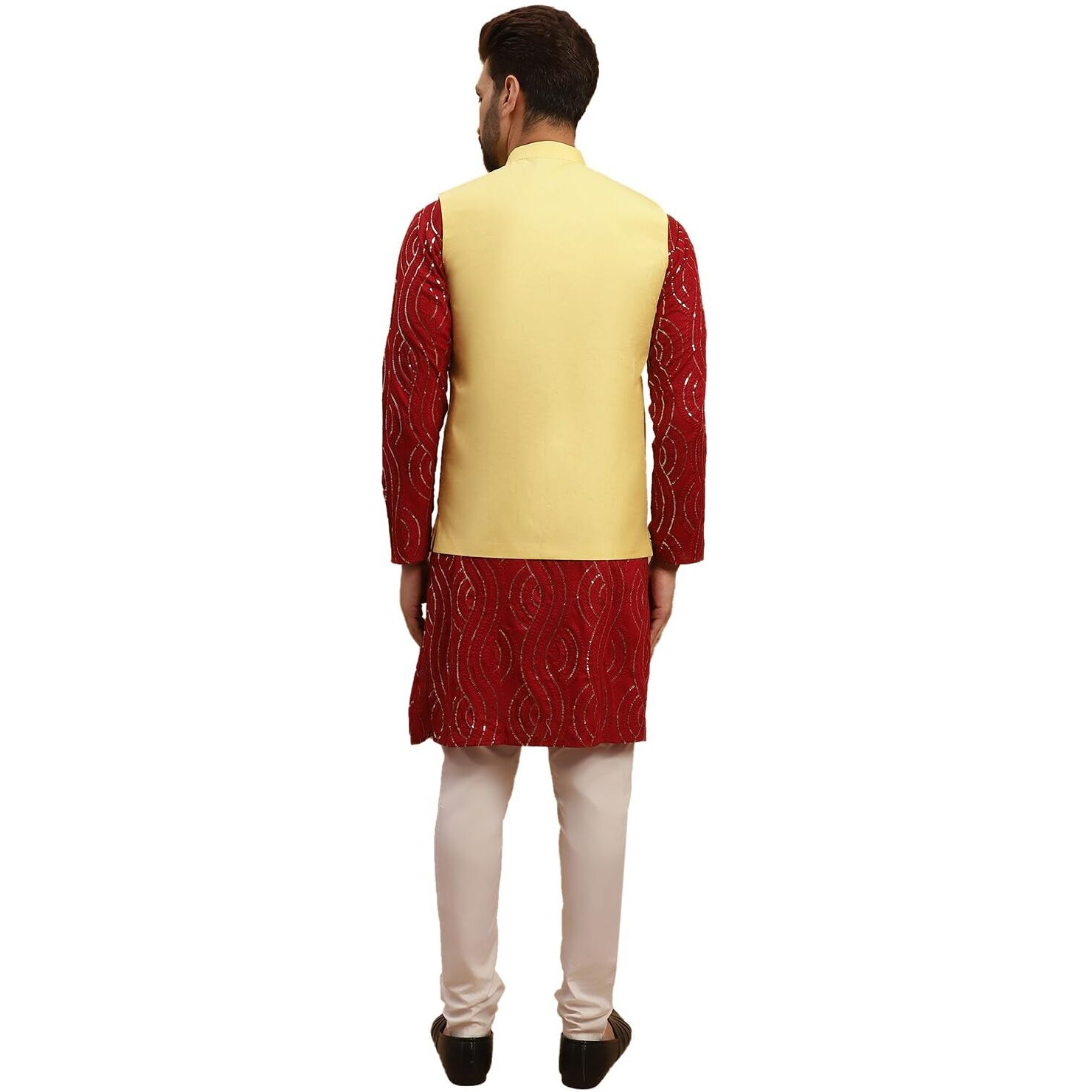 Sojanya (Since 1958 Men's Pure Cotton Maroon Kurta And White Pyjama With Yellow Silk Nehru Jacket
