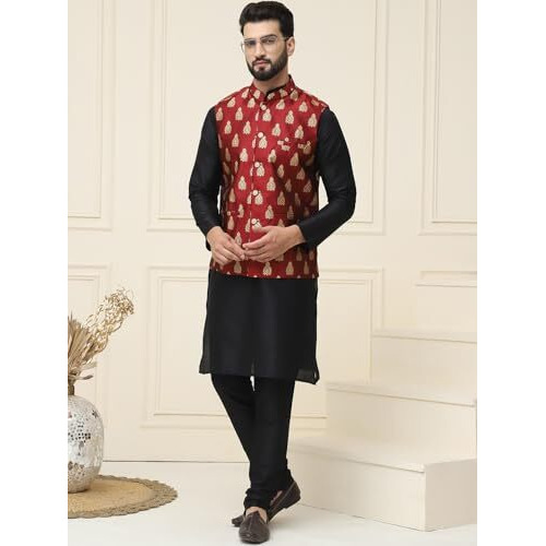 Sojanya (Since 1958 Men's Silk Blend Black Kurta Pyjama With Maroon Nehrujacket Set