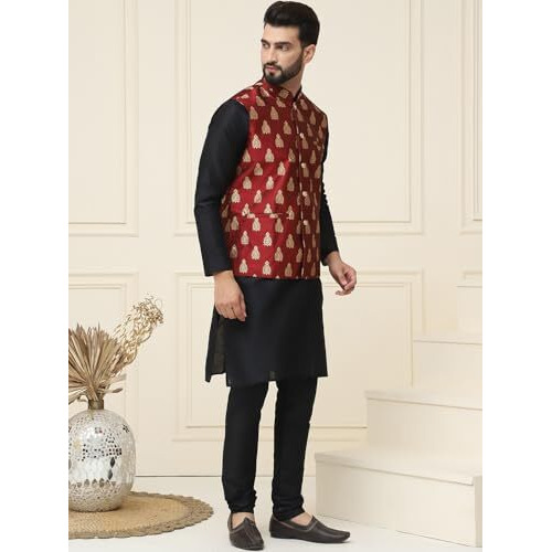 Sojanya (Since 1958 Men's Silk Blend Black Kurta Pyjama With Maroon Nehrujacket Set
