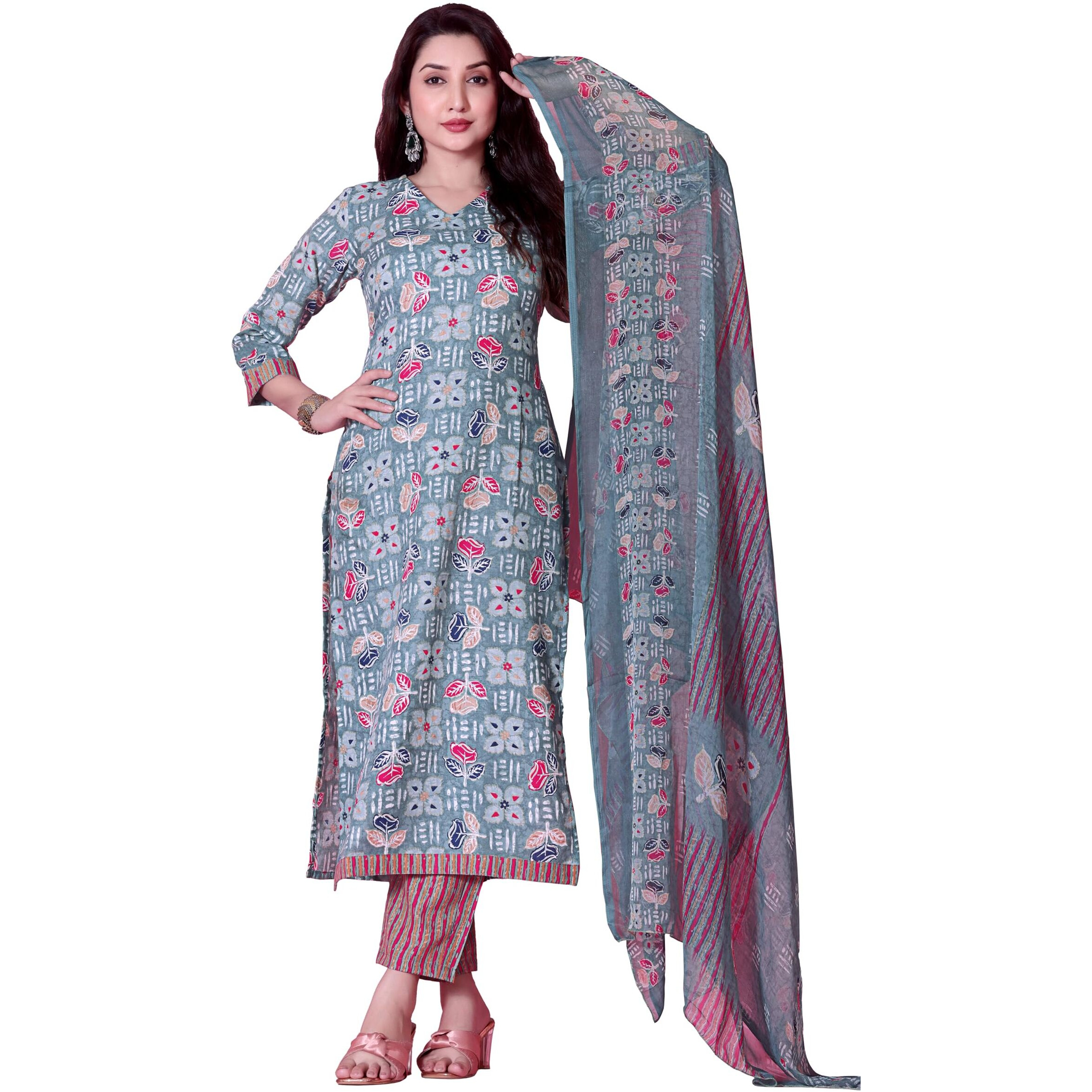 Tadkee Women's Cotton Blend Kurta Set (Fn-Kurta-Set-Dupatta-136-Sky-M_Sky