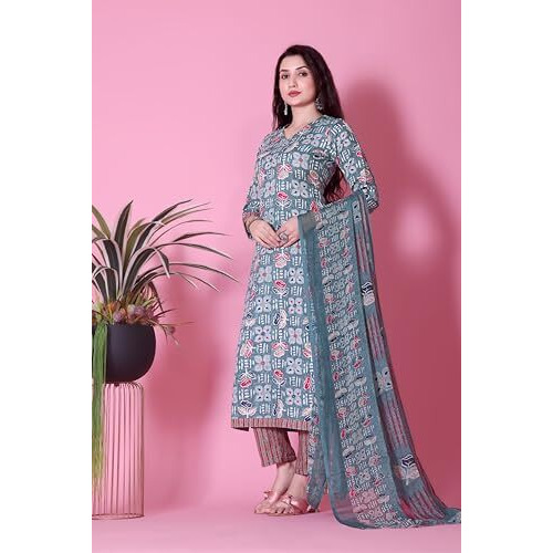 Tadkee Women's Cotton Blend Kurta Set (Fn-Kurta-Set-Dupatta-136-Sky-M_Sky