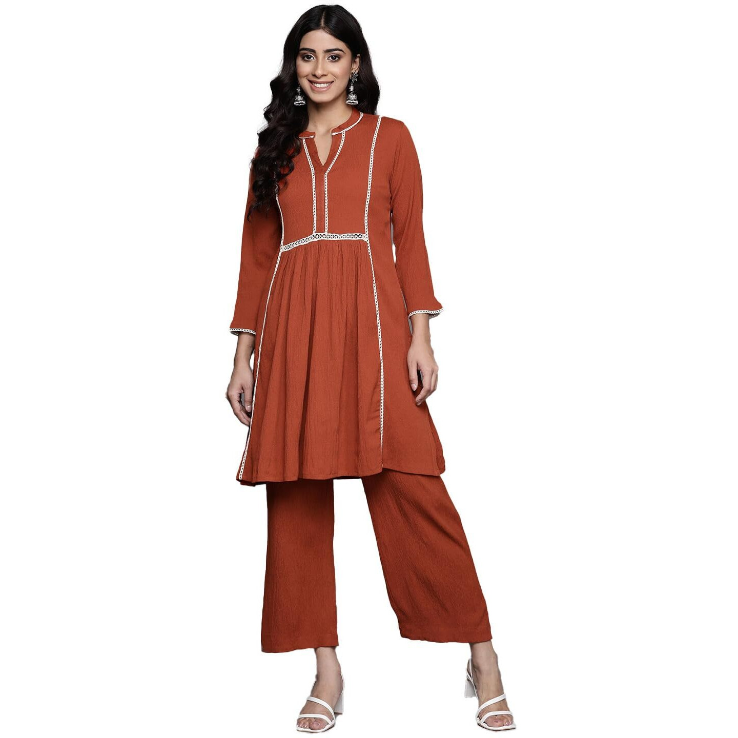 Varanga Women Rust Mandarin Collar Co-Ord Set
