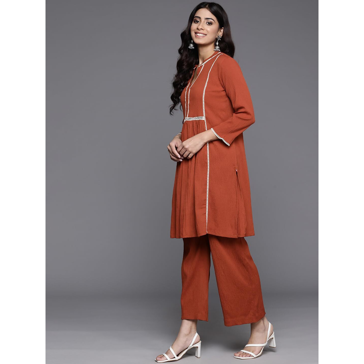 Varanga Women Rust Mandarin Collar Co-Ord Set