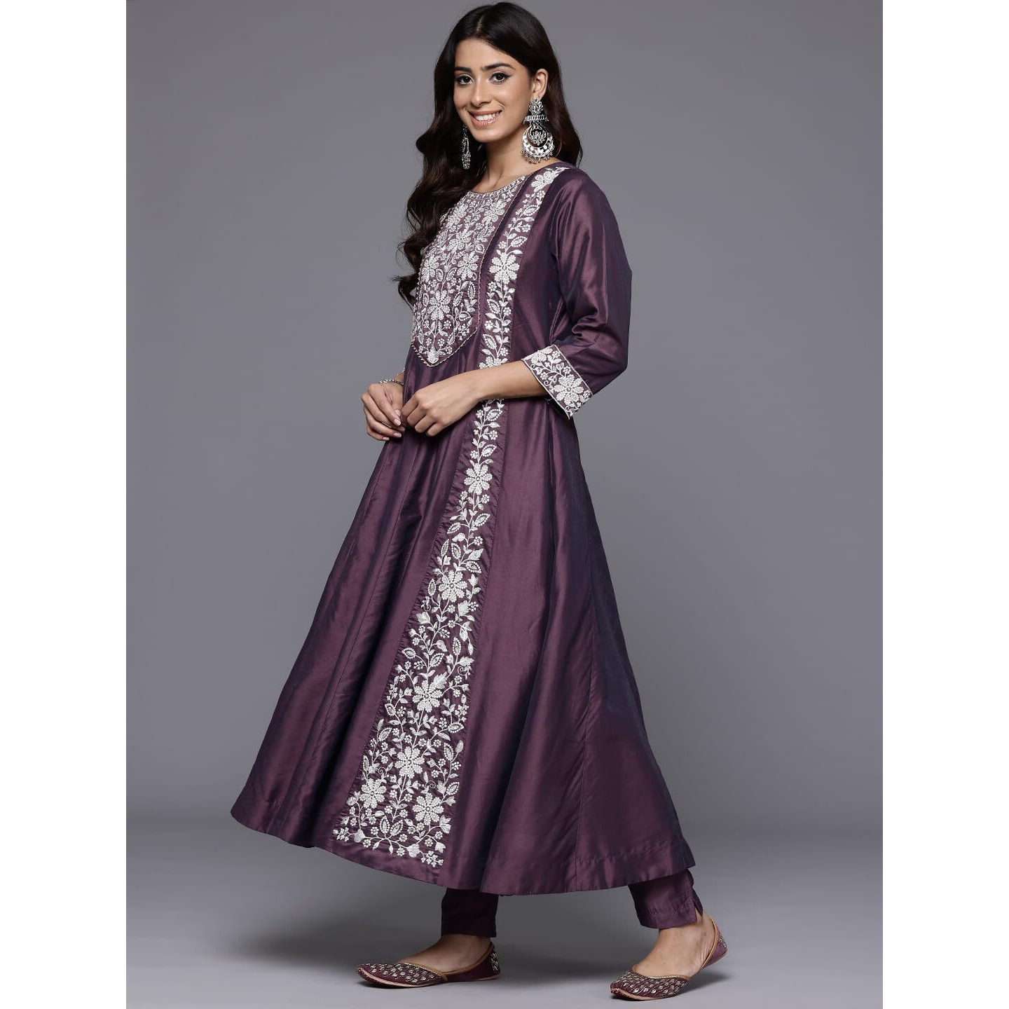 Varanga Women Purple Floral Thread Embroidered Anarkali Kurta With Bottom And Dupatta