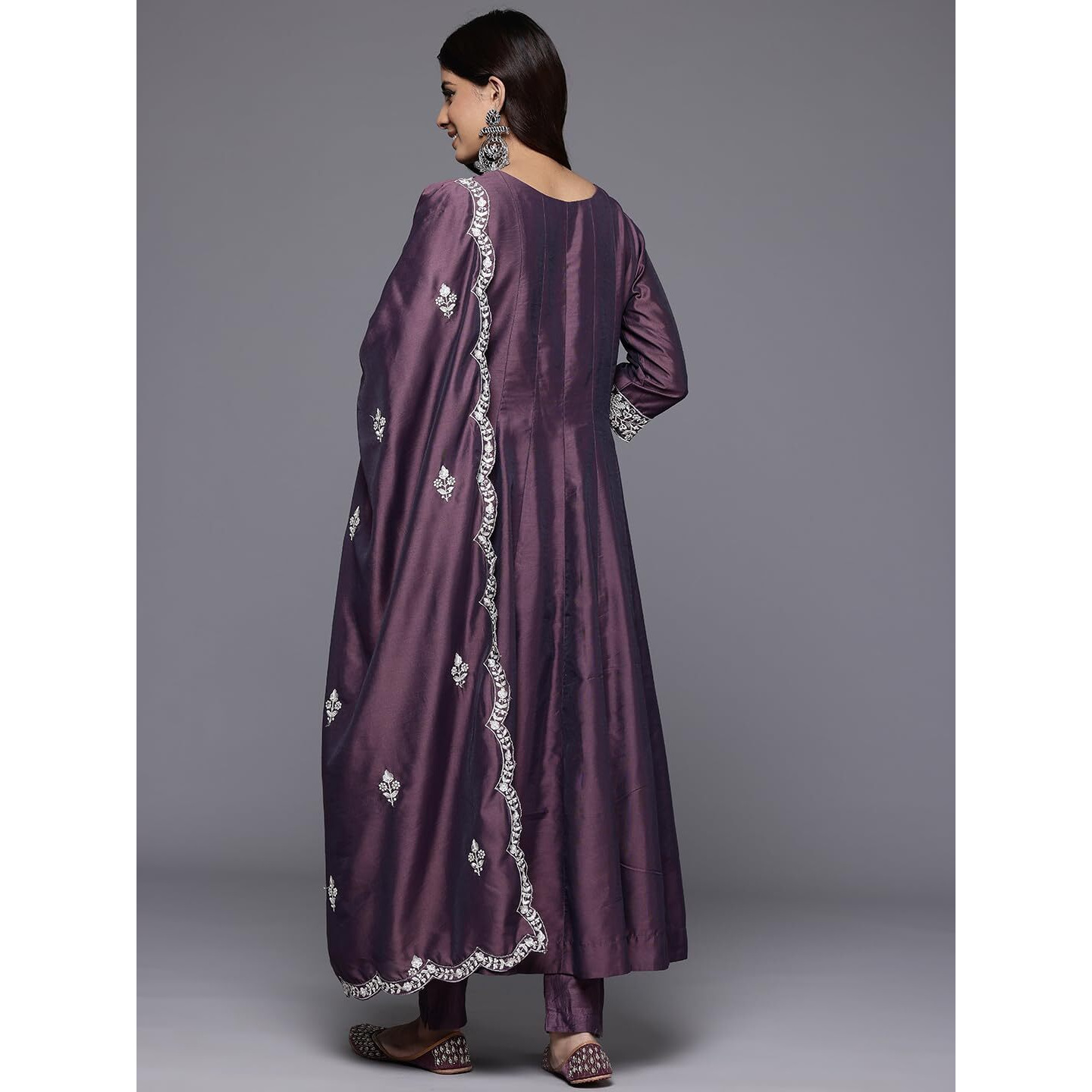 Varanga Women Purple Floral Thread Embroidered Anarkali Kurta With Bottom And Dupatta