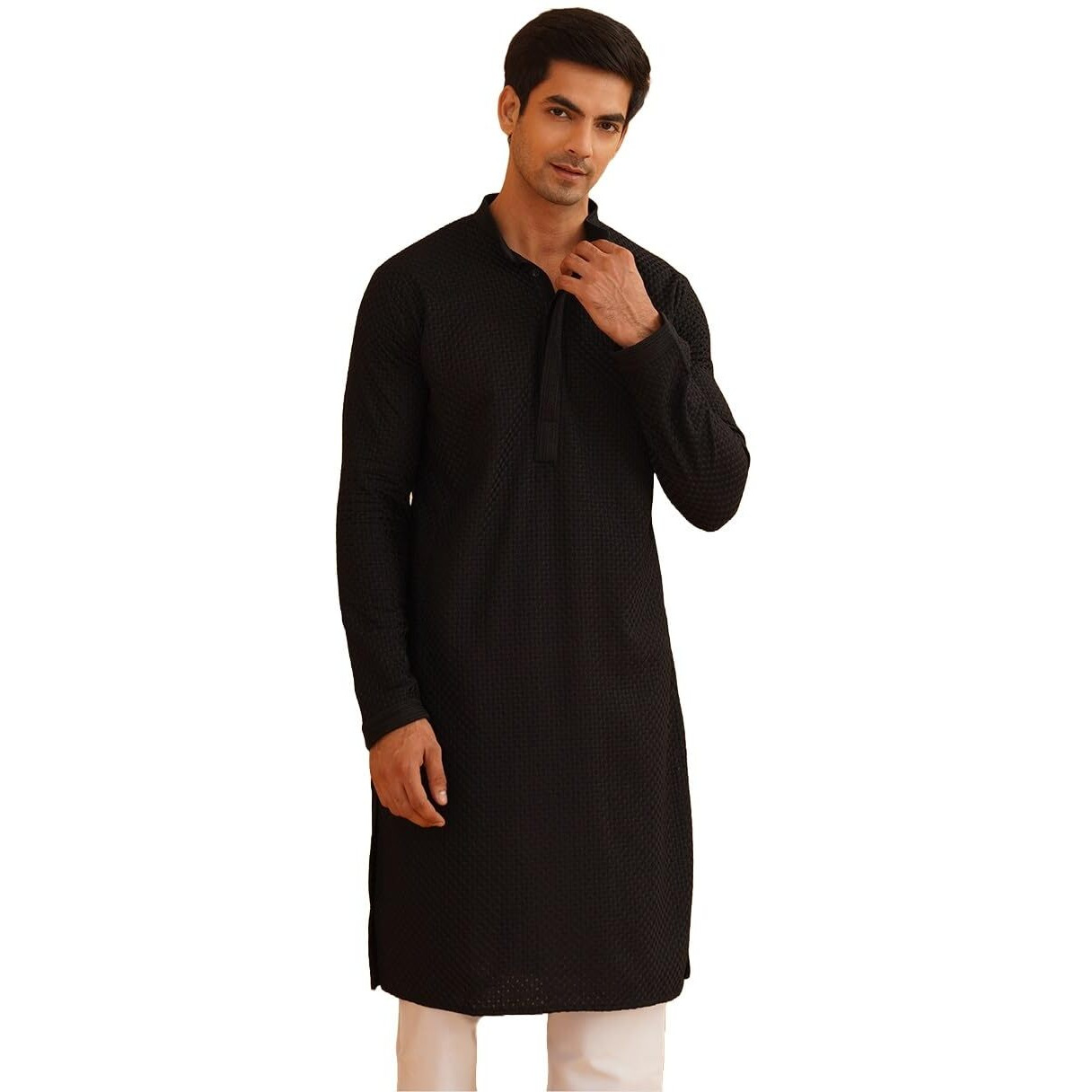 Sojanya (Since 1958 Men's Geometric Embroidered Thread Work Cotton Straight Black Long Kurta