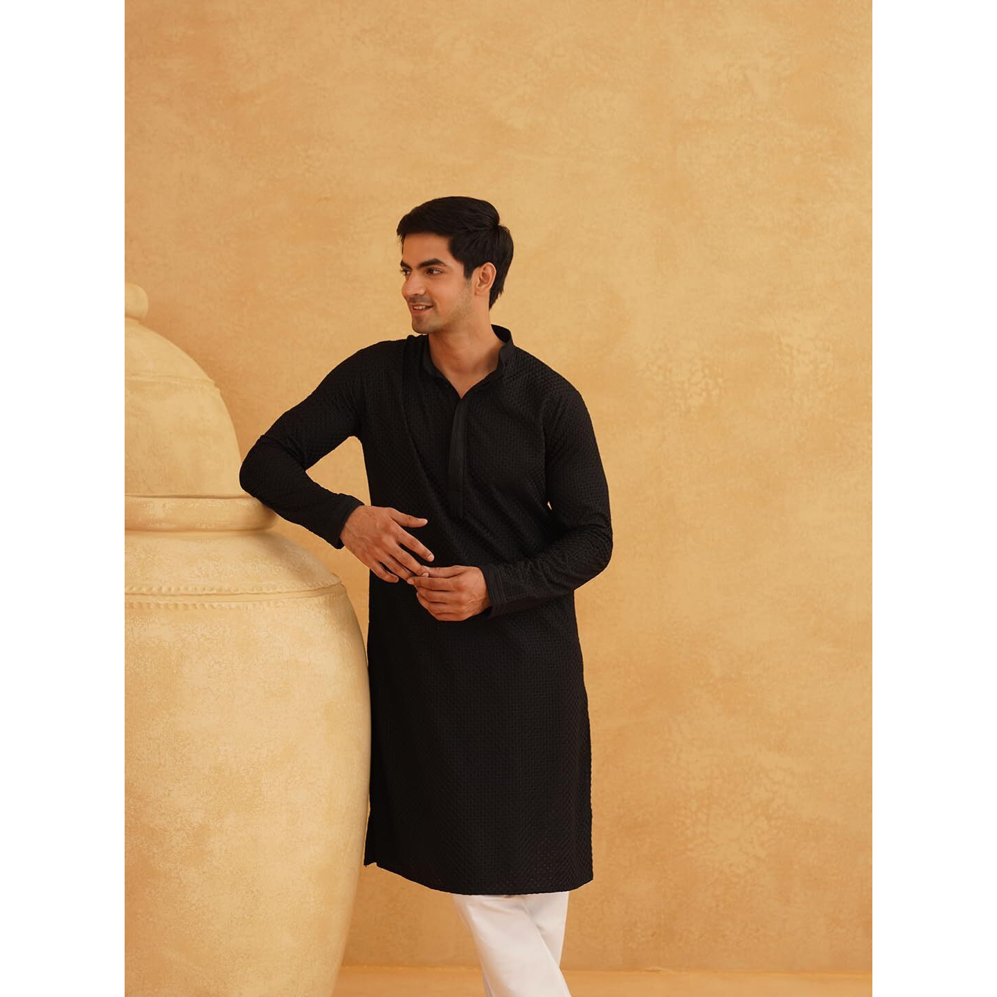 Sojanya (Since 1958 Men's Geometric Embroidered Thread Work Cotton Straight Black Long Kurta