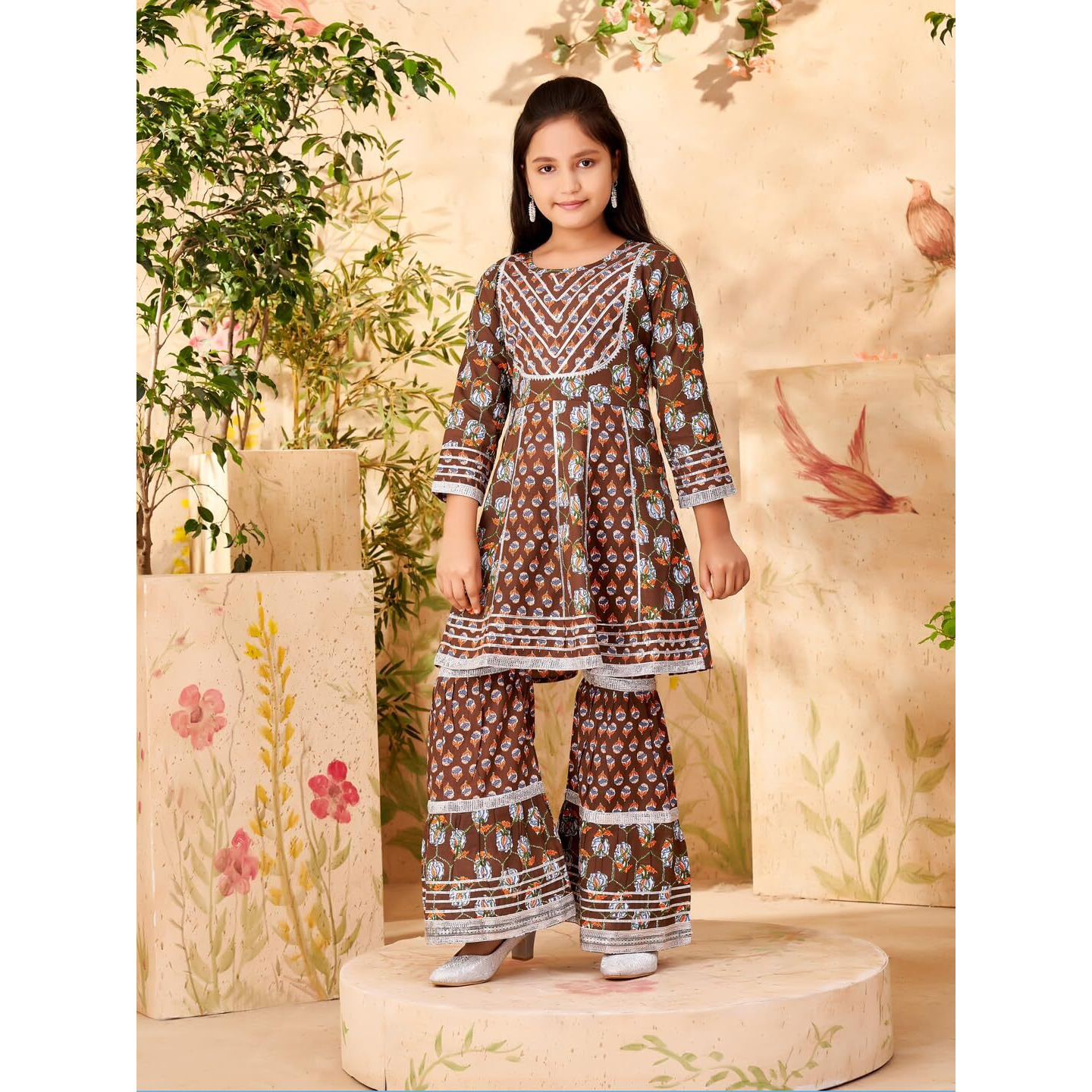 Aarika Girls Ethnic Wear Brown Colour Floral Print With Gota Lace Cotton Kurti Sharara Set (5-16 Years)