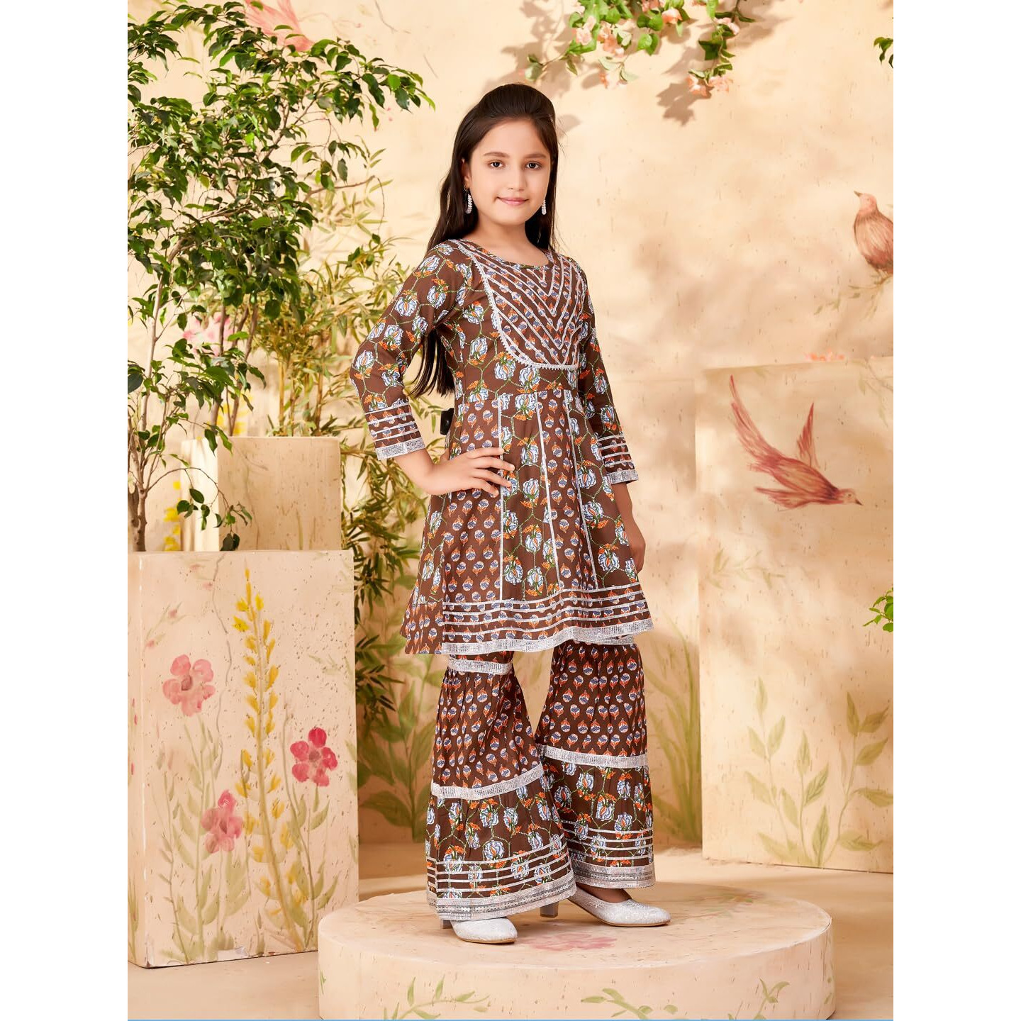 Aarika Girls Ethnic Wear Brown Colour Floral Print With Gota Lace Cotton Kurti Sharara Set (5-16 Years)