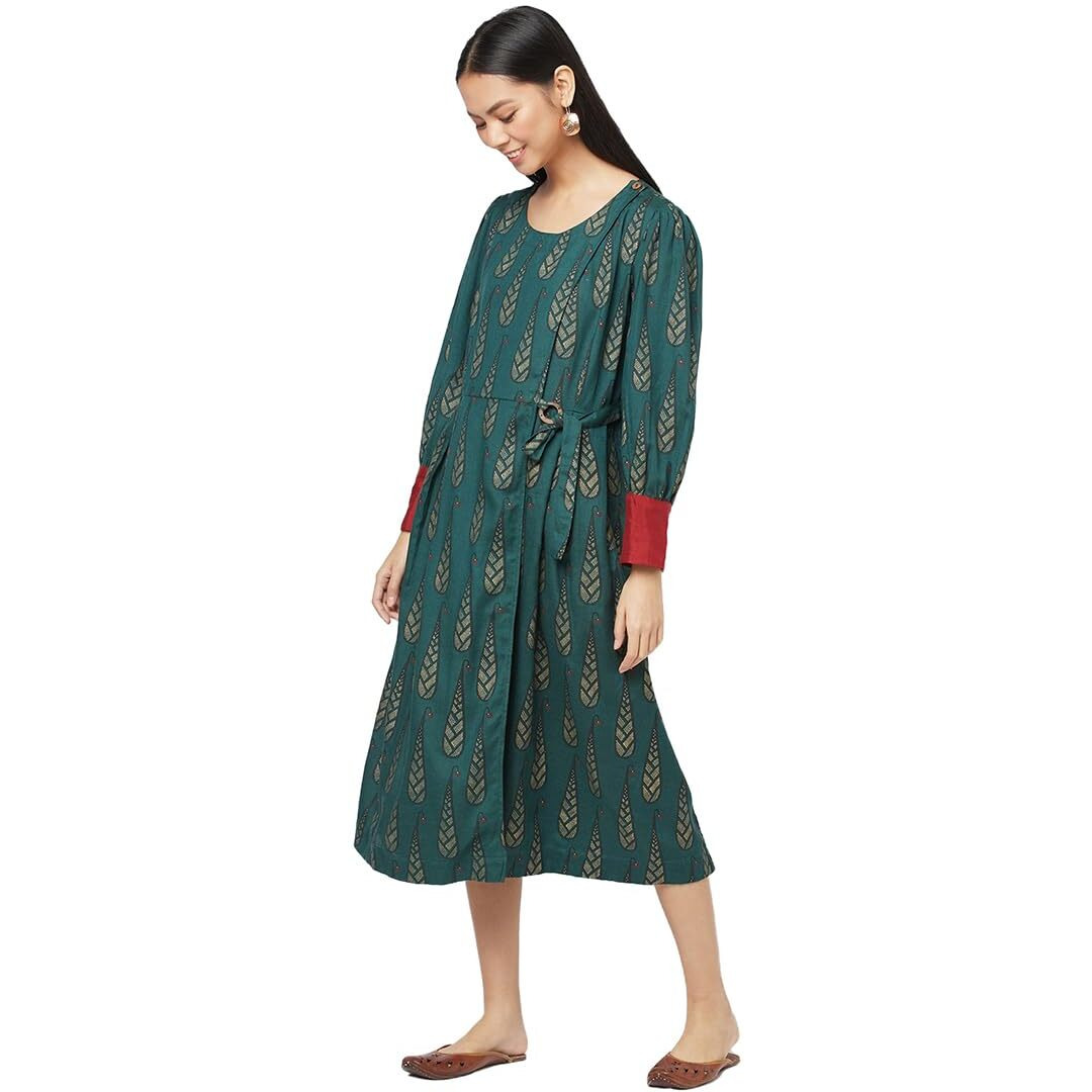 Fabindia Women's Solid Green Rayon Blend Round Neck Ankle Length Dress (203758601 M)