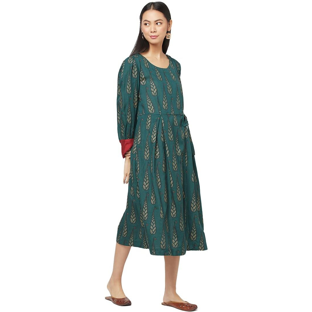 Fabindia Women's Solid Green Rayon Blend Round Neck Ankle Length Dress (203758601 M)