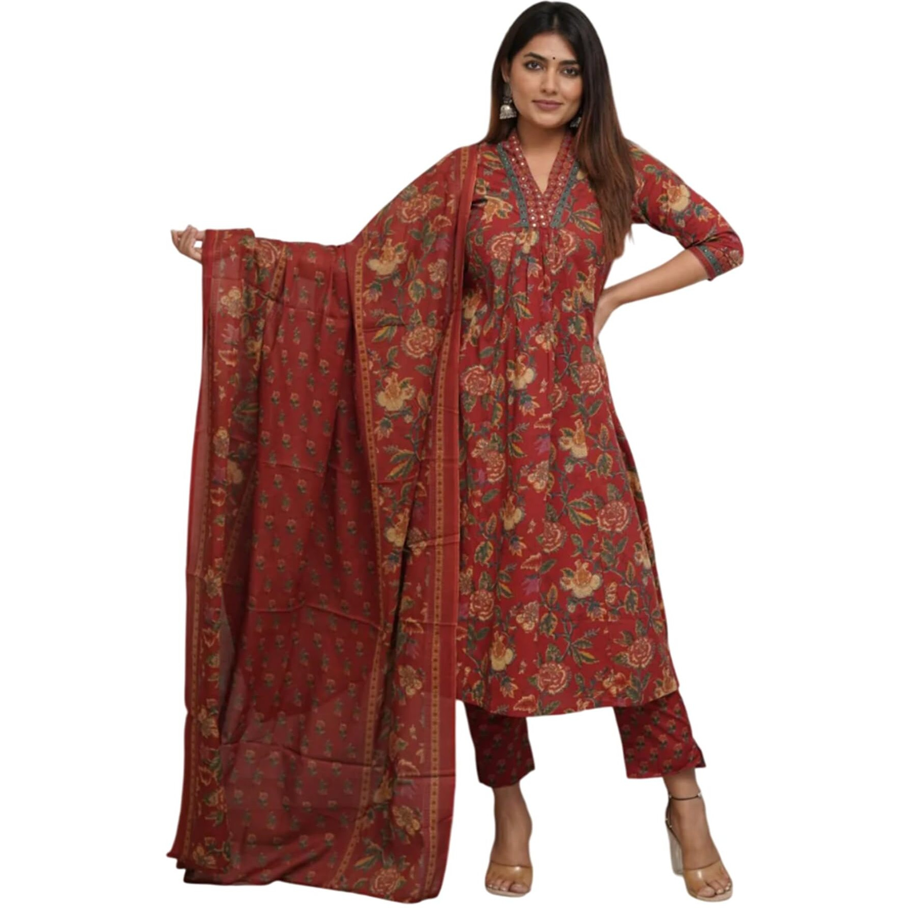 Fabnex Kurta Pant And Dupatta Set For Women | Kurta Set For Women (K-118-Red-L)
