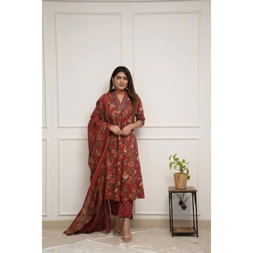 Fabnex Kurta Pant And Dupatta Set For Women | Kurta Set For Women (K-118-Red-L)