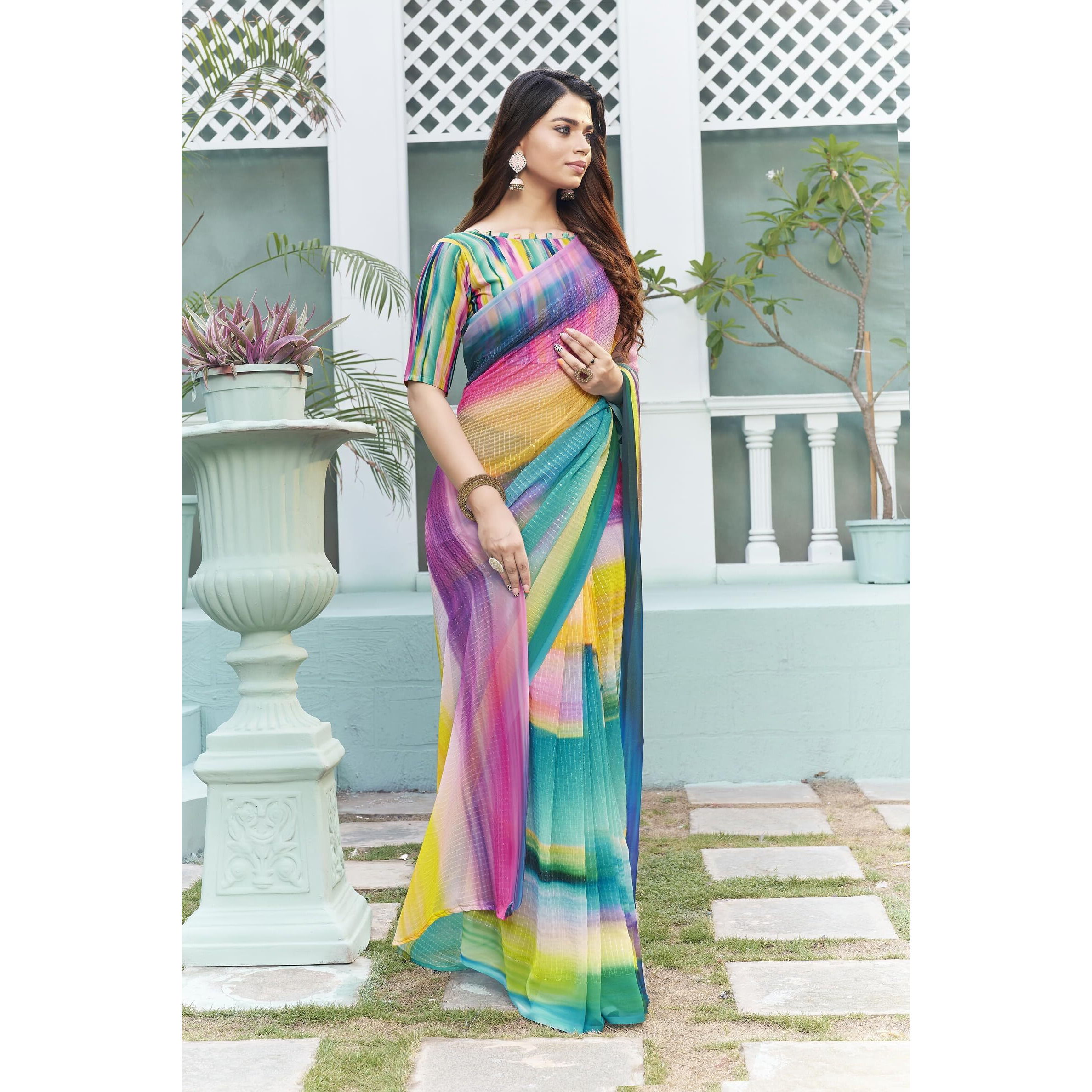 Glory Sarees Womens Georgette Sequence Digital Print Saree With Blouse Piece (Cocktail103_Multicolor)